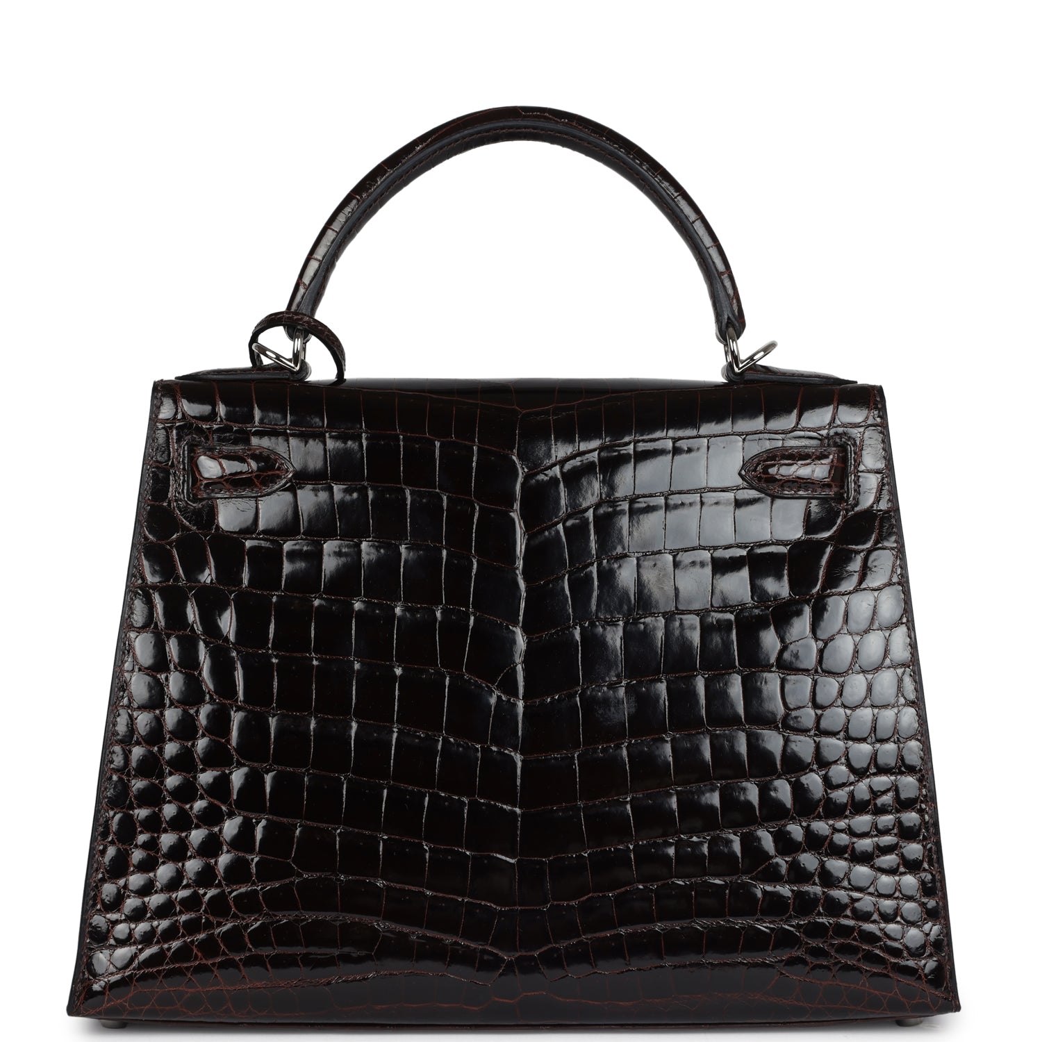 Vintage Hermes Kelly Sellier 28 Cocoan Shiny Niloticus Crocodile Palladium Hardware