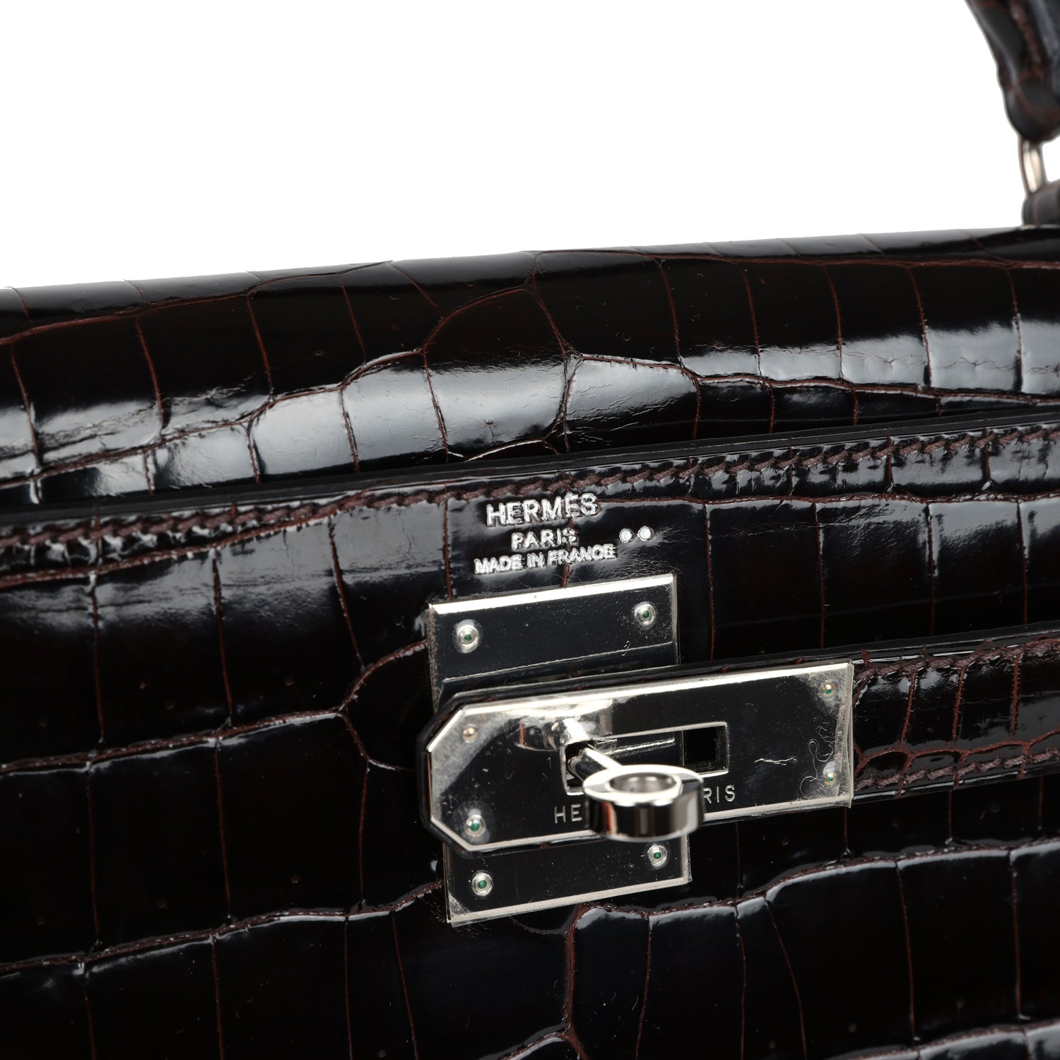 Vintage Hermes Kelly Sellier 28 Cocoan Shiny Niloticus Crocodile Palladium Hardware