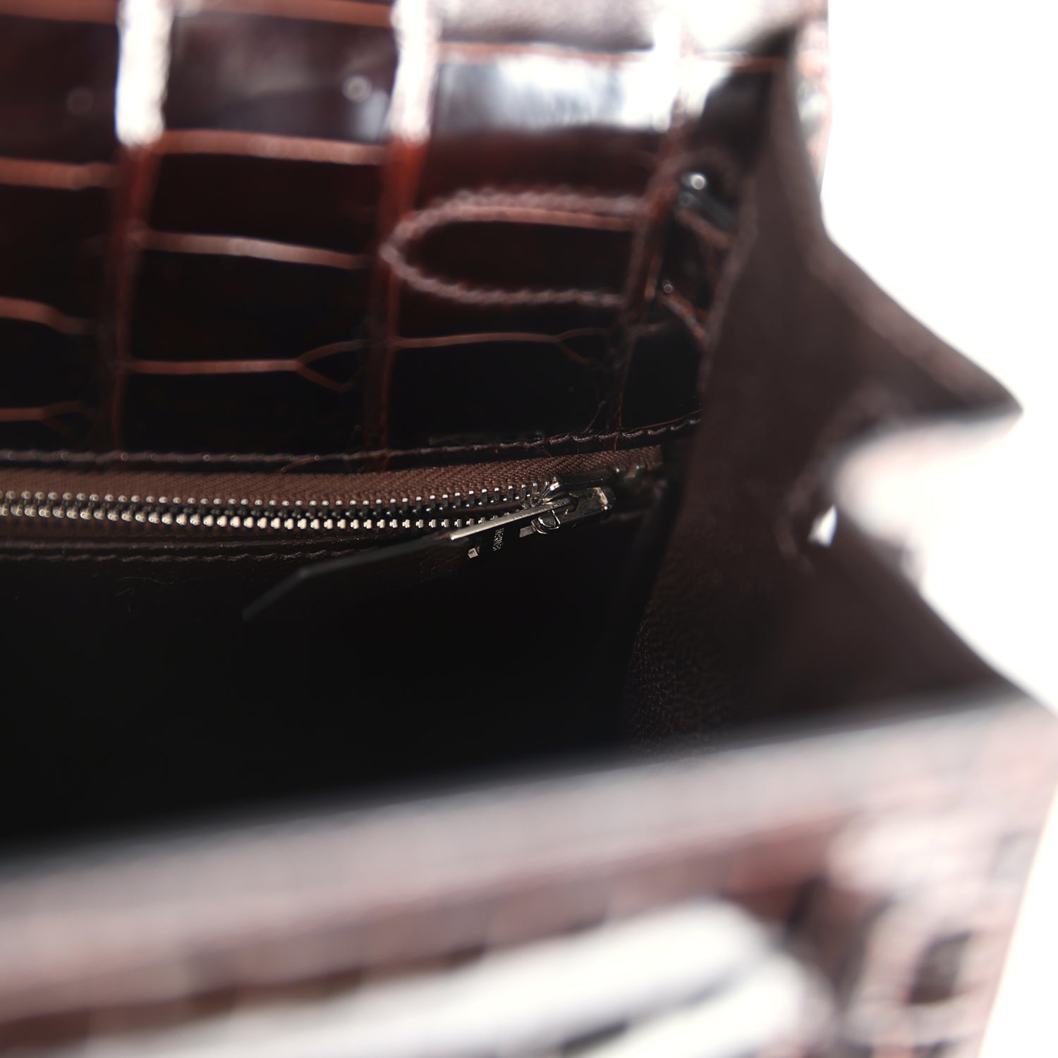Vintage Hermes Kelly Sellier 28 Cocoan Shiny Niloticus Crocodile Palladium Hardware