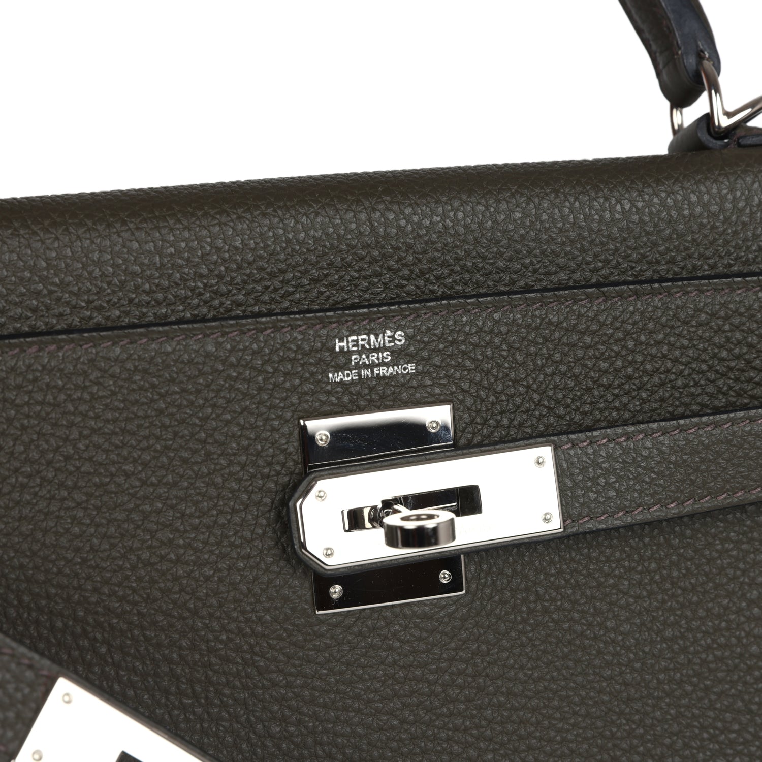 Pre-owned Hermes Kelly Retourne 28 Vert De Gris Togo Palladium Hardware