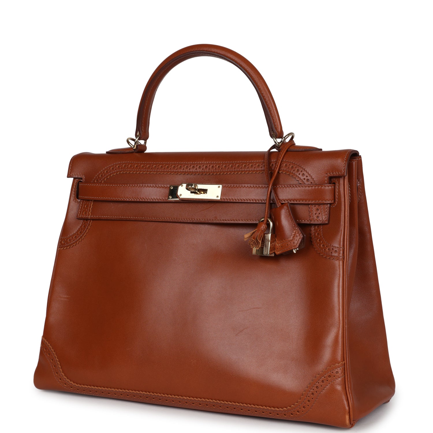 Pre-owned Hermes Ghillies Kelly Retourne 35 Fauve Tadelakt Permabrass Hardware