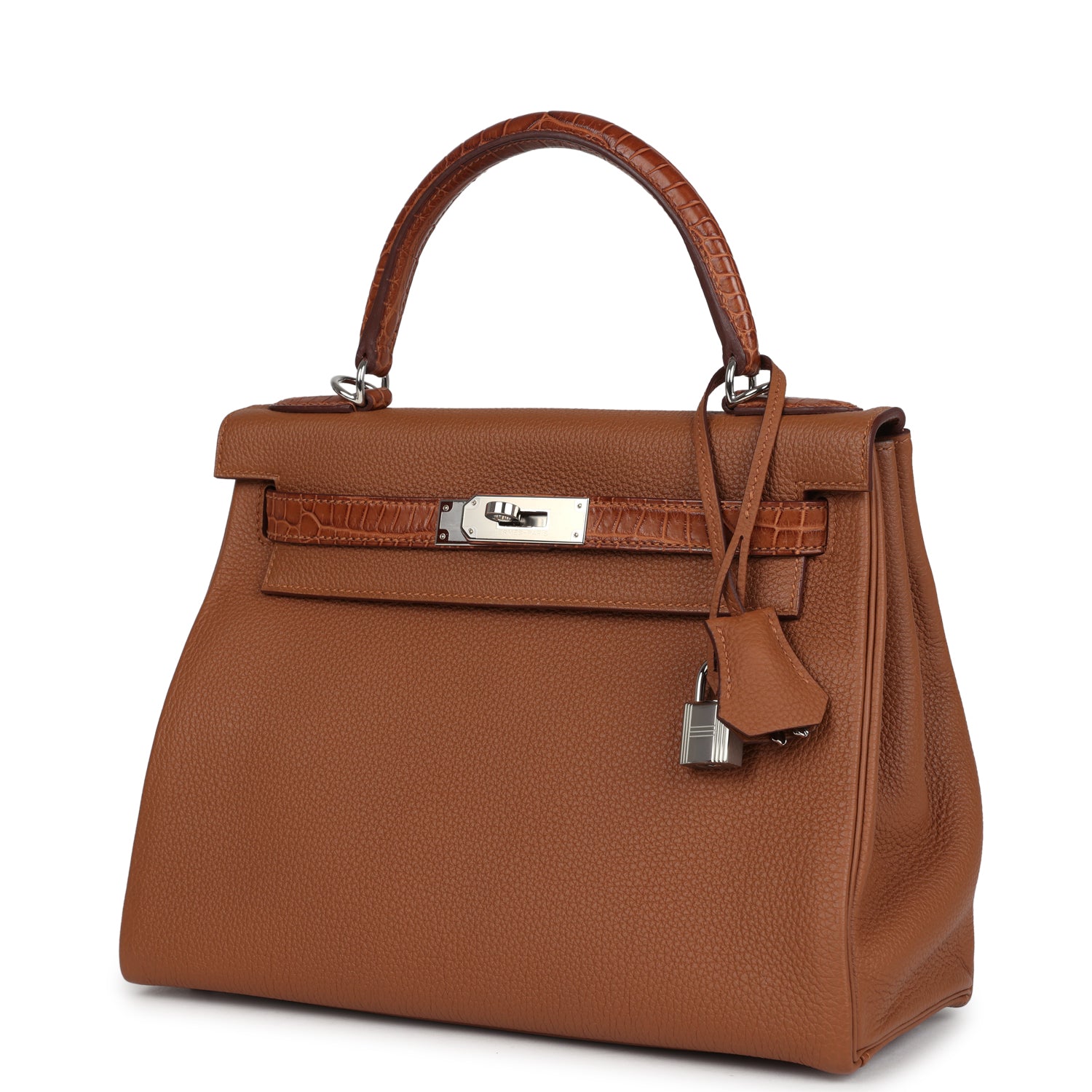 Pre-owned Hermes Kelly Retourne 28 Gold Togo and Matte Prososus Crocodile Touch Palladium Hardware