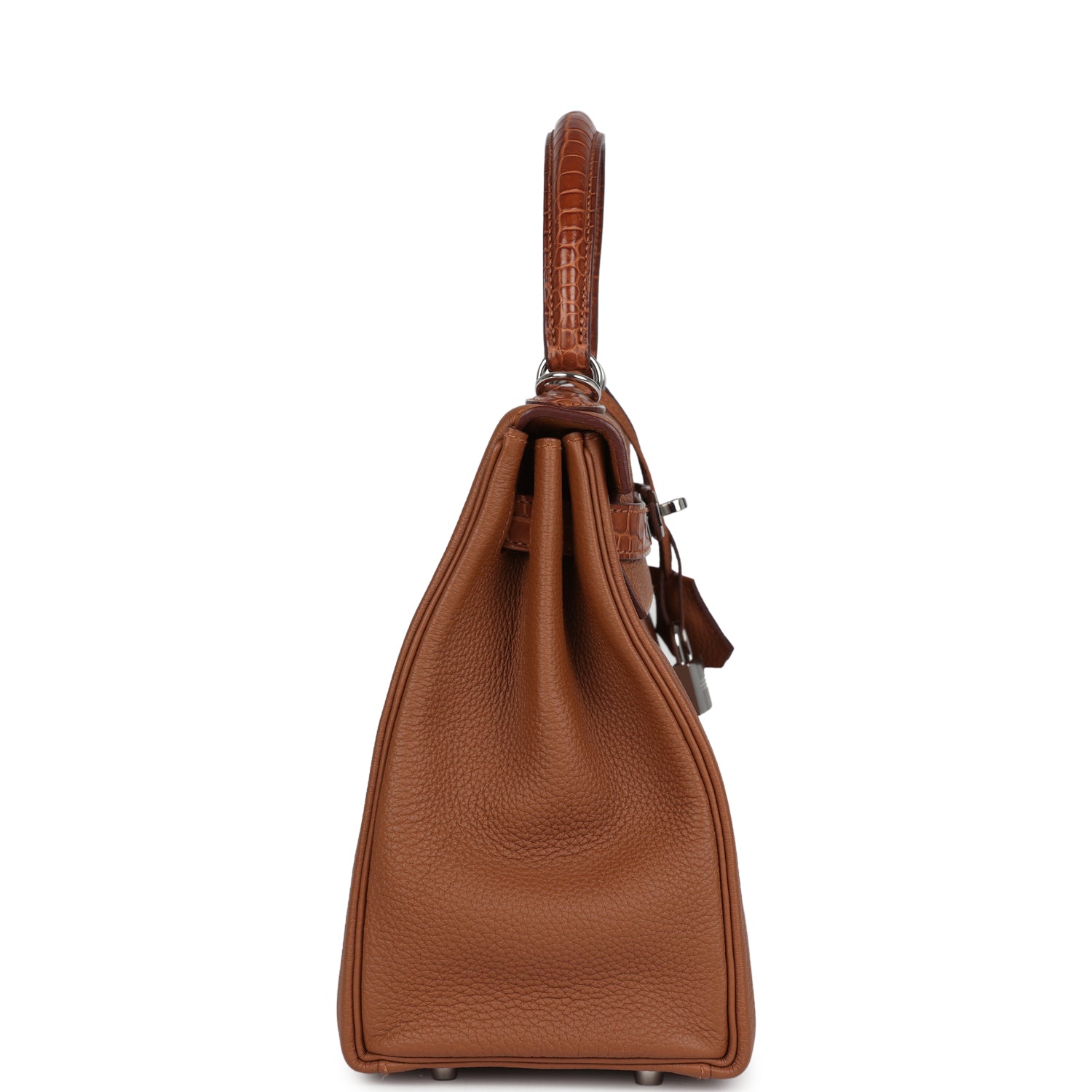Pre-owned Hermes Kelly Retourne 28 Gold Togo and Matte Prososus Crocodile Touch Palladium Hardware