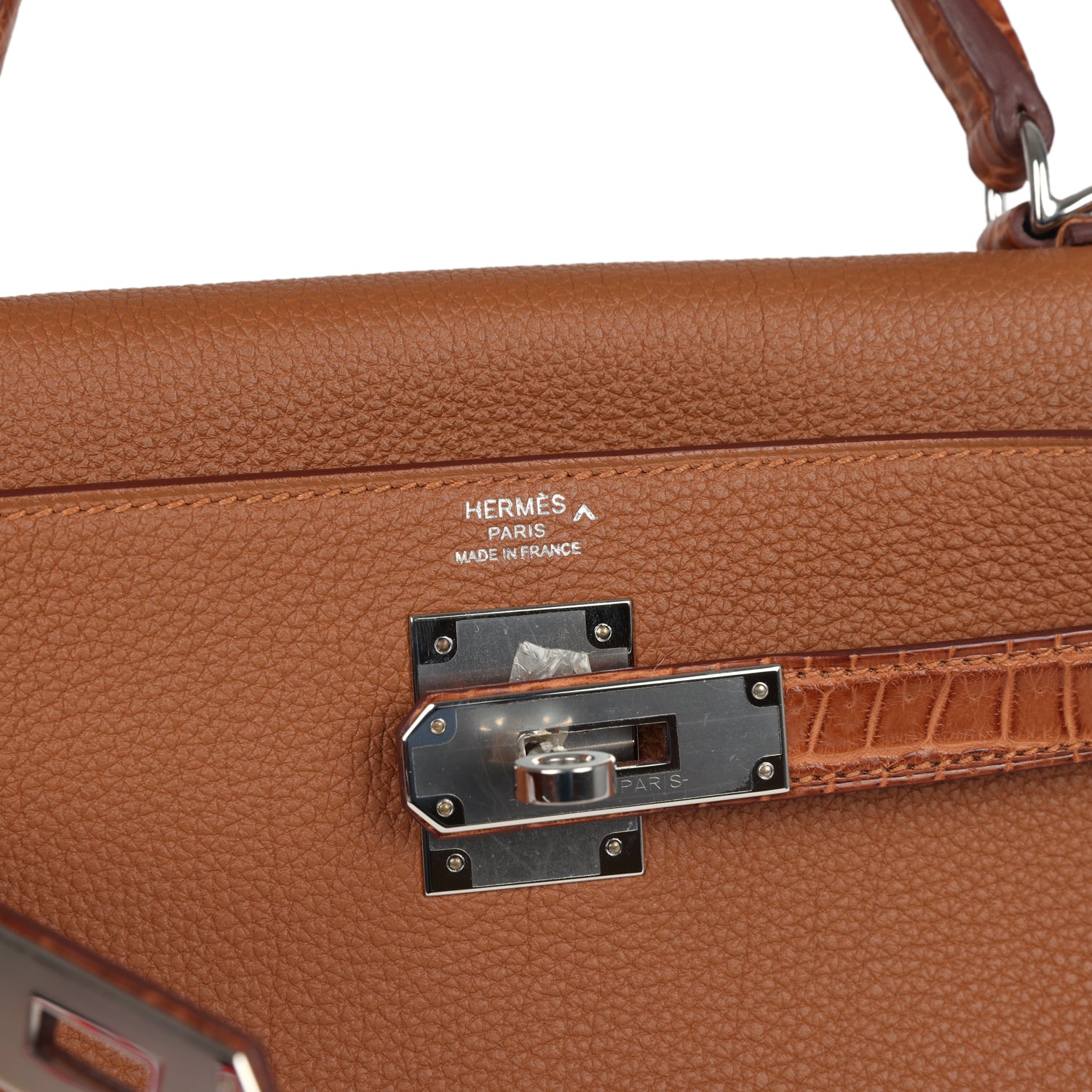 Pre-owned Hermes Kelly Retourne 28 Gold Togo and Matte Prososus Crocodile Touch Palladium Hardware