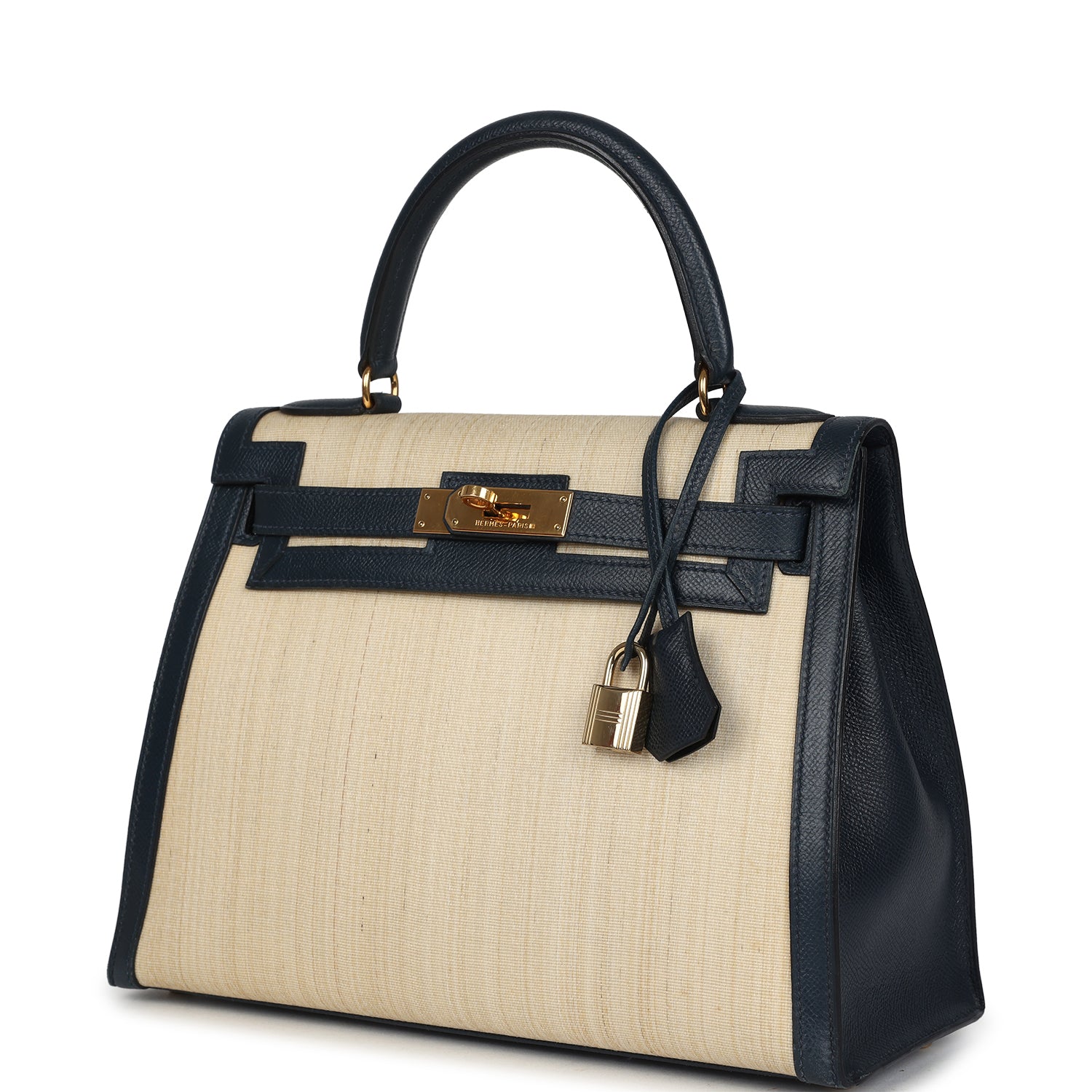 Vintage Hermes Kelly Sellier 28 Bleu Marine Courchevel and Ecru Crinoline Gold Hardware