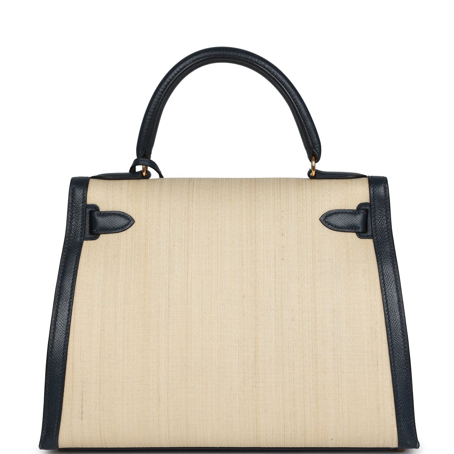 Vintage Hermes Kelly Sellier 28 Bleu Marine Courchevel and Ecru Crinoline Gold Hardware