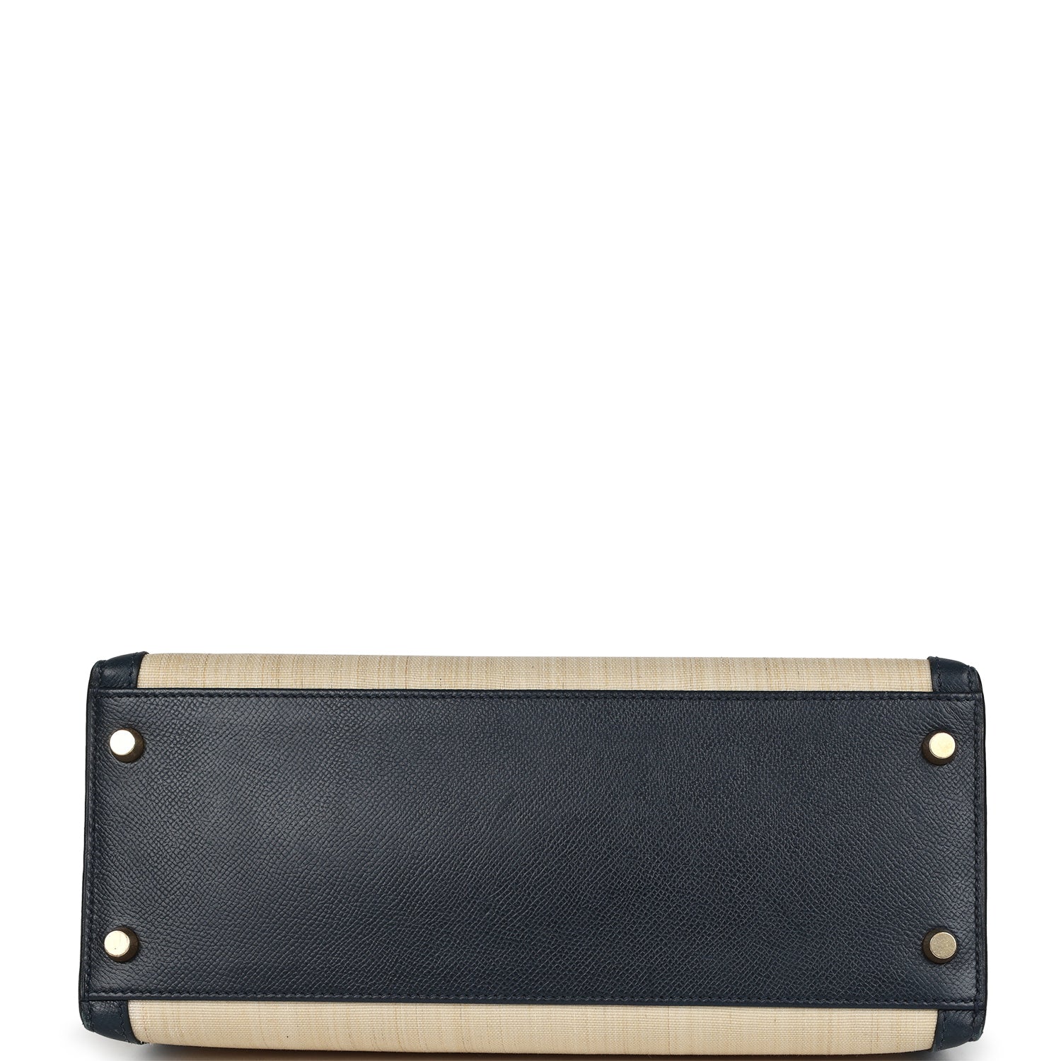 Vintage Hermes Kelly Sellier 28 Bleu Marine Courchevel and Ecru Crinoline Gold Hardware