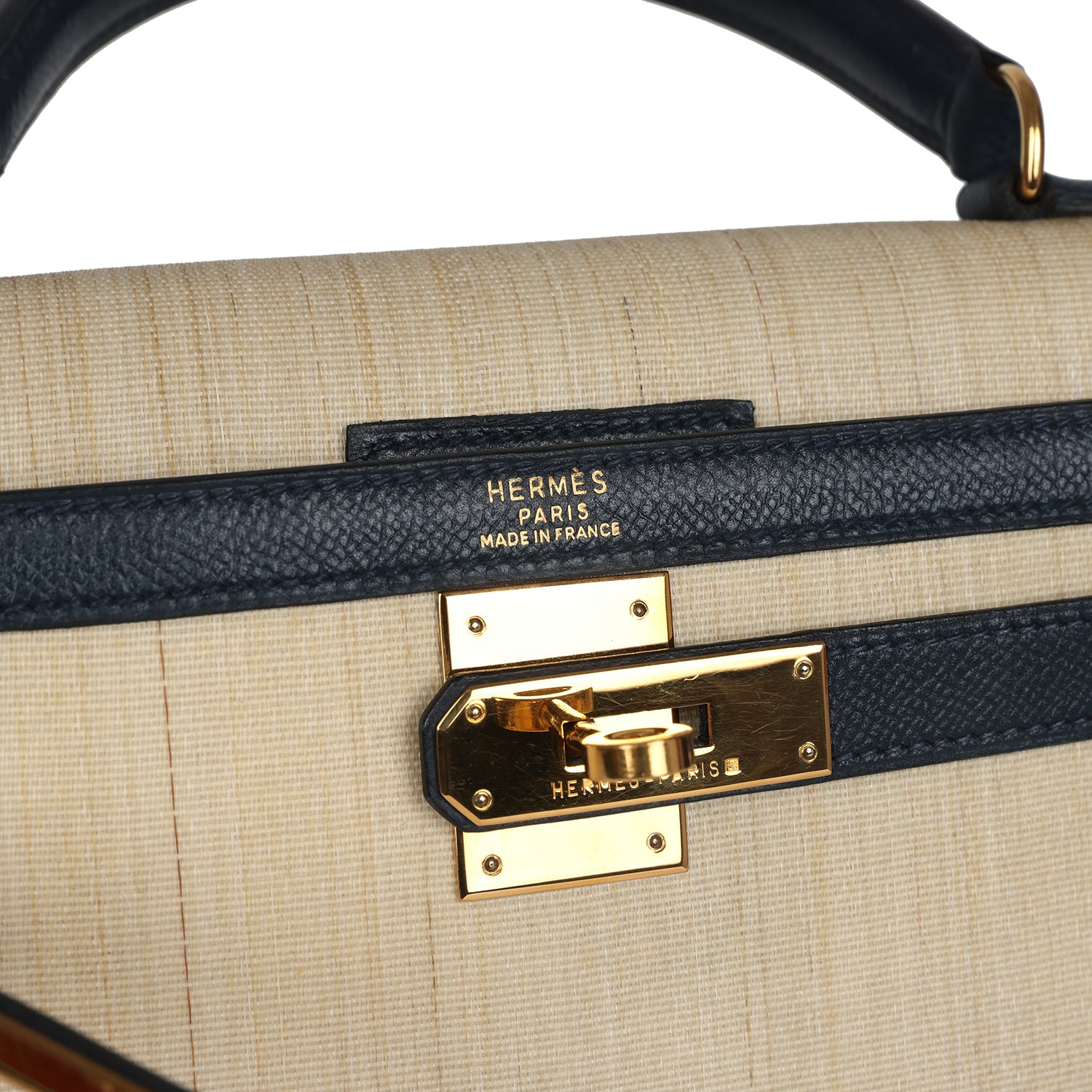 Vintage Hermes Kelly Sellier 28 Bleu Marine Courchevel and Ecru Crinoline Gold Hardware