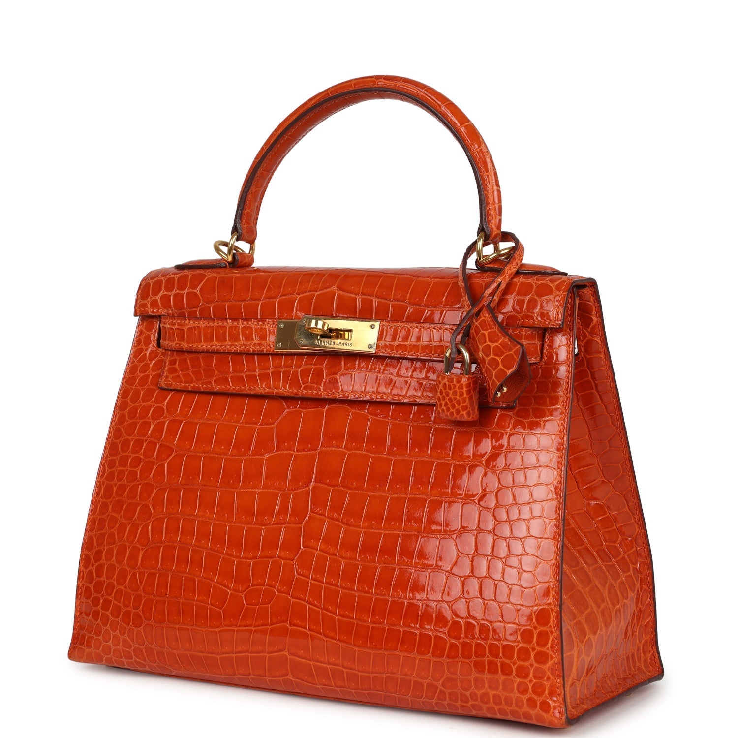 Vintage Hermes Kelly Sellier 28 Orange Shiny Porous Crocodile Gold Hardware