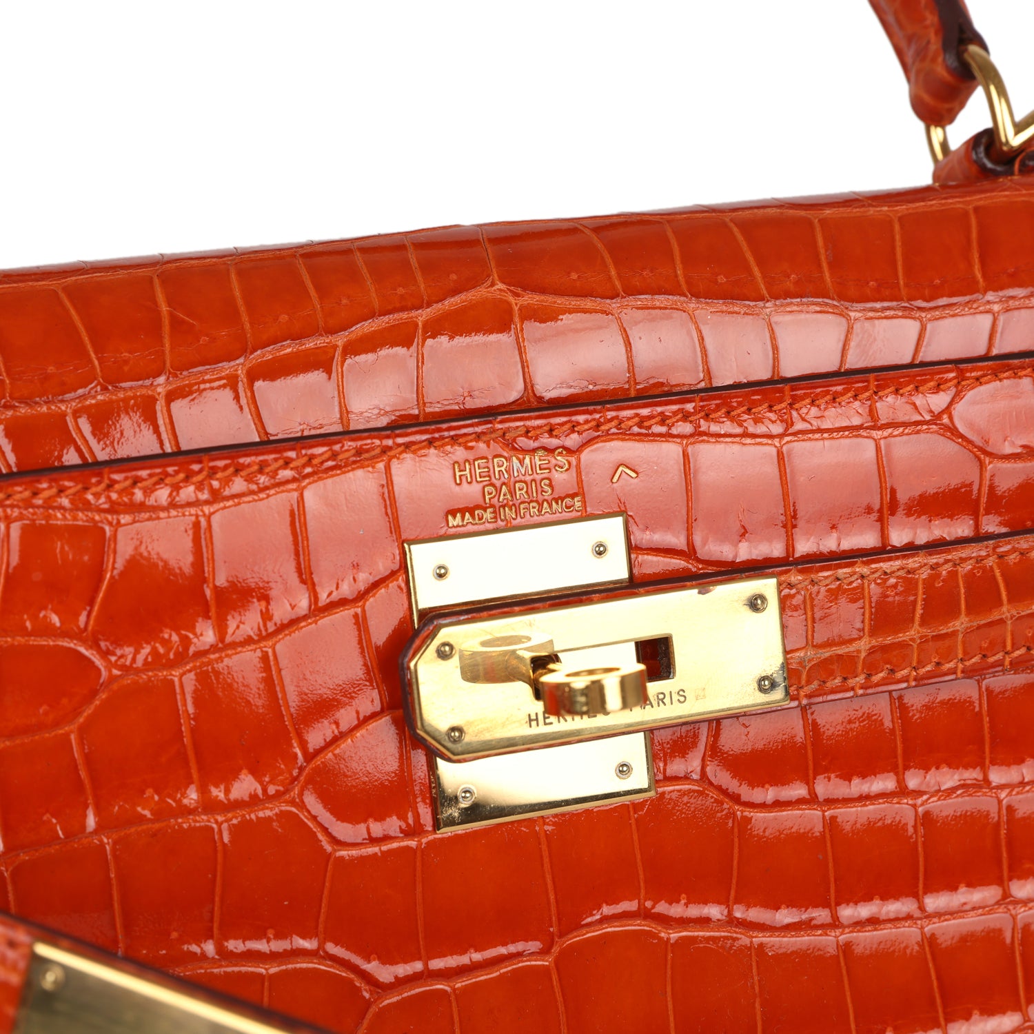 Vintage Hermes Kelly Sellier 28 Orange Shiny Porous Crocodile Gold Hardware