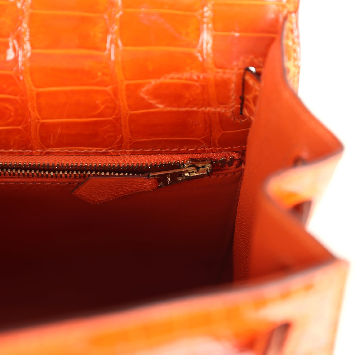 Vintage Hermes Kelly Sellier 28 Orange Shiny Porous Crocodile Gold Hardware