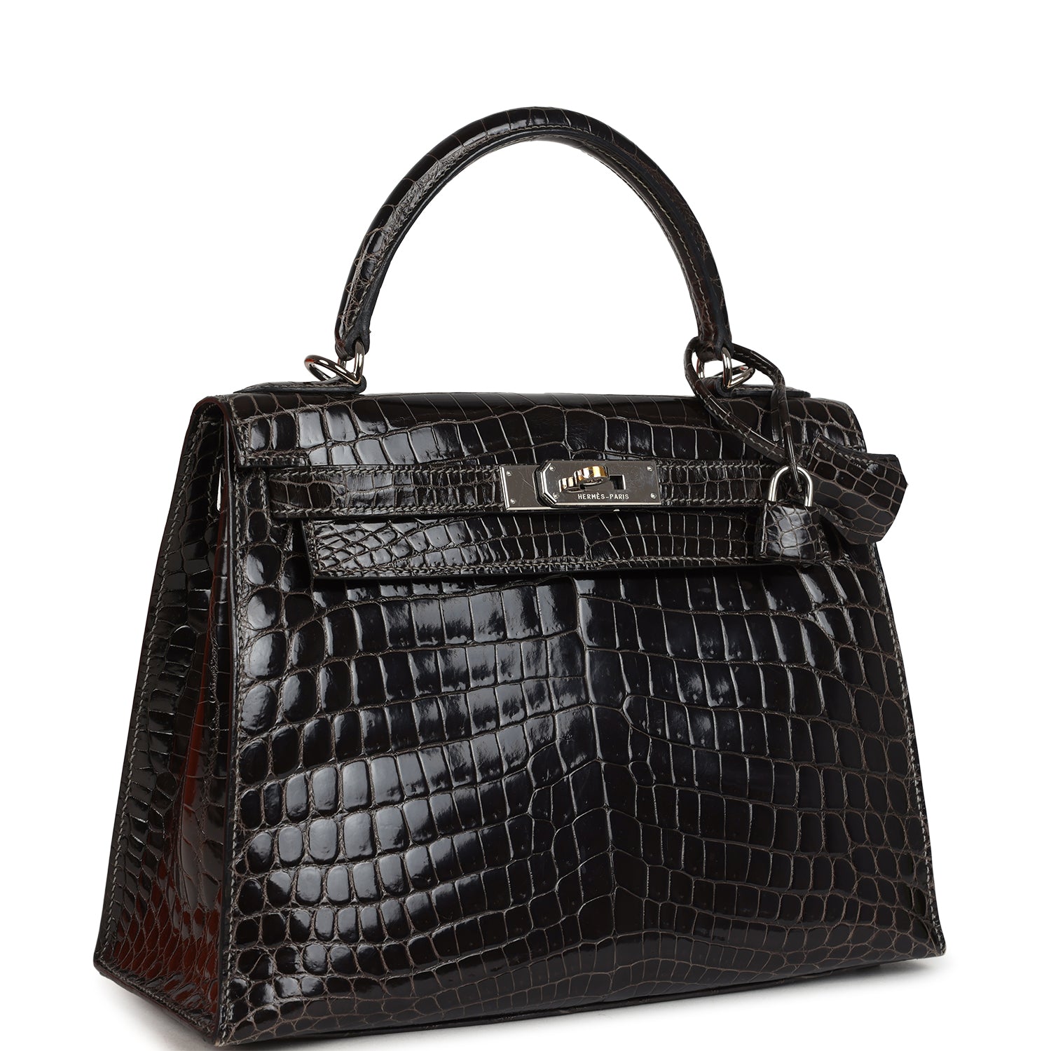 Vintage Hermes Kelly Sellier 28 Gris Fonce Shiny Niloticus Crocodile Palladium Hardware