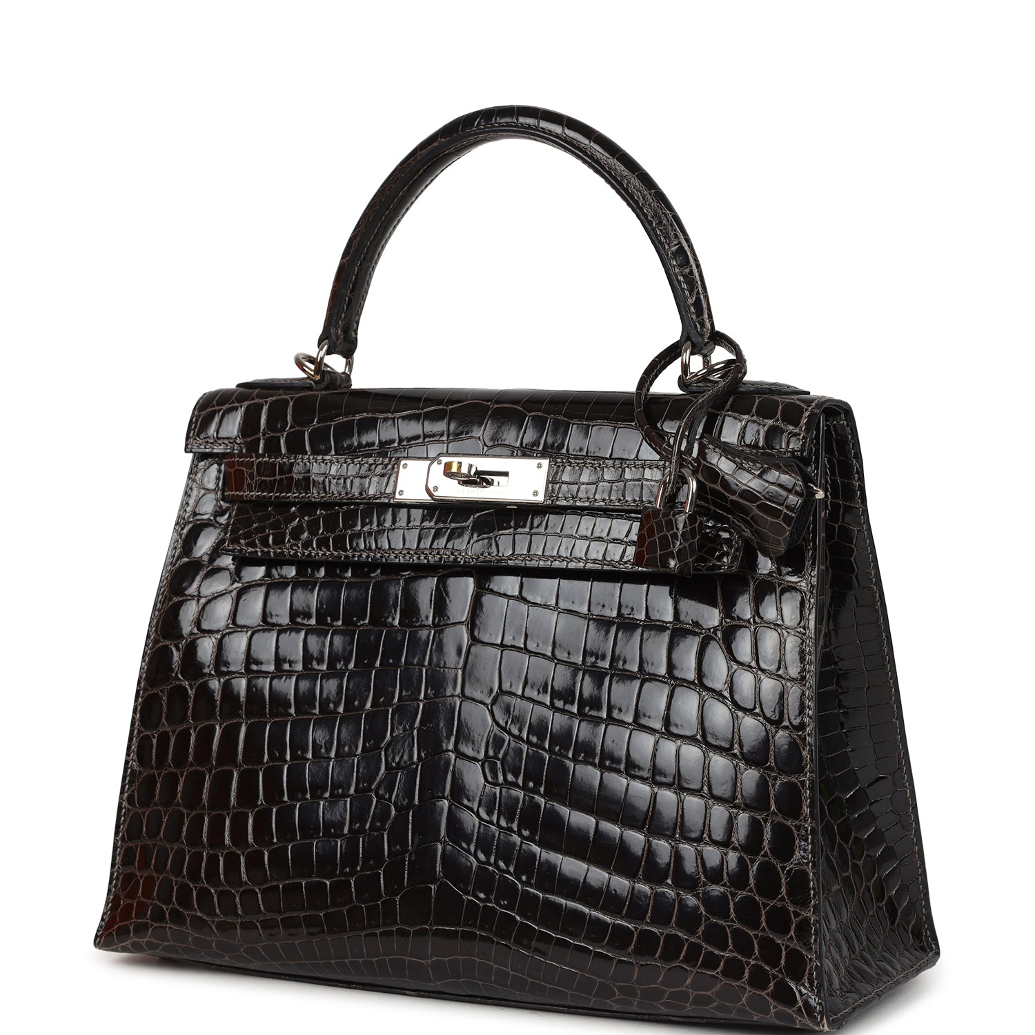 Vintage Hermes Kelly Sellier 28 Gris Fonce Shiny Niloticus Crocodile Palladium Hardware