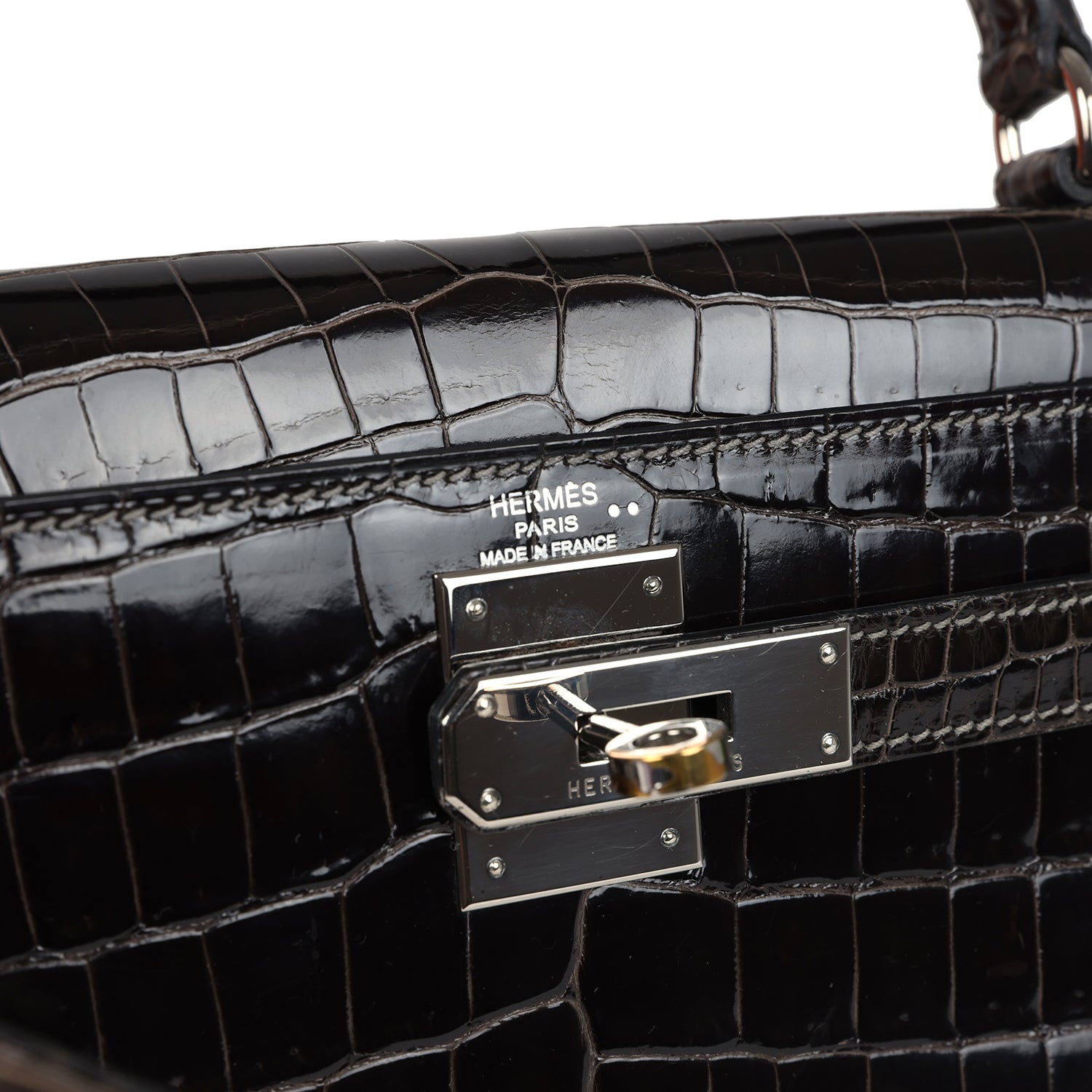 Vintage Hermes Kelly Sellier 28 Gris Fonce Shiny Niloticus Crocodile Palladium Hardware