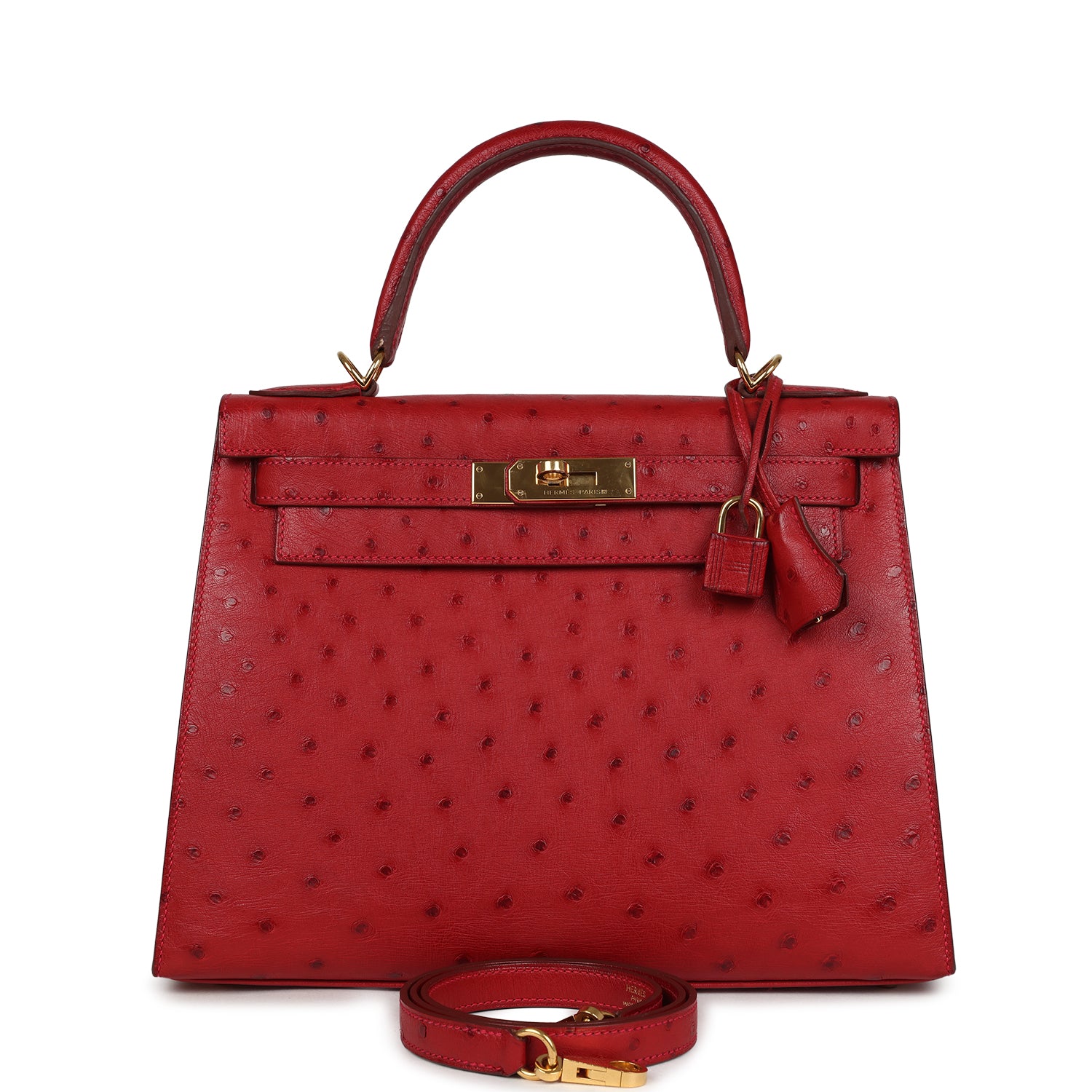 Pre-owned Hermes Kelly Sellier 28 Rouge Vif Ostrich Gold Hardware