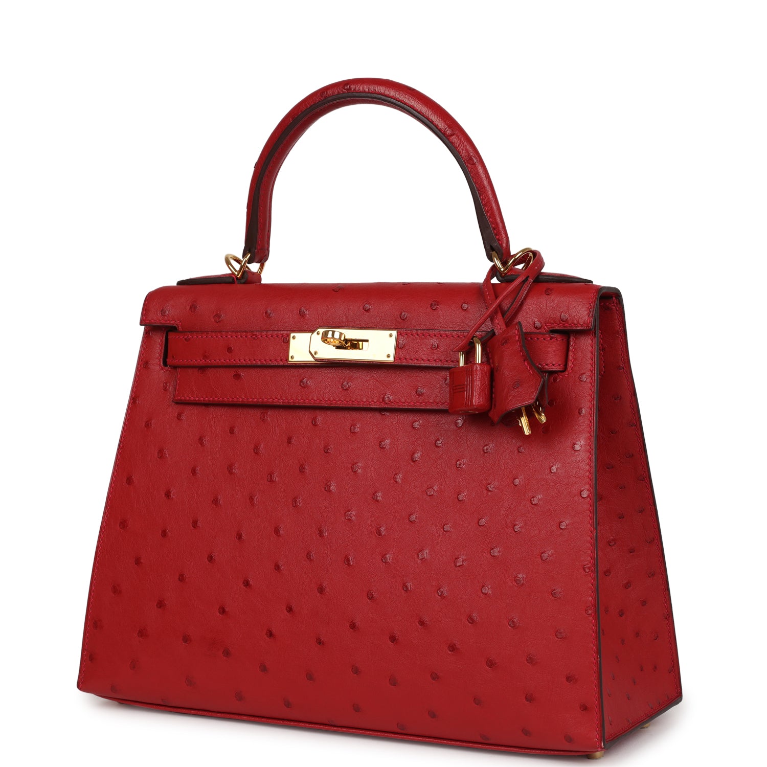 Pre-owned Hermes Kelly Sellier 28 Rouge Vif Ostrich Gold Hardware