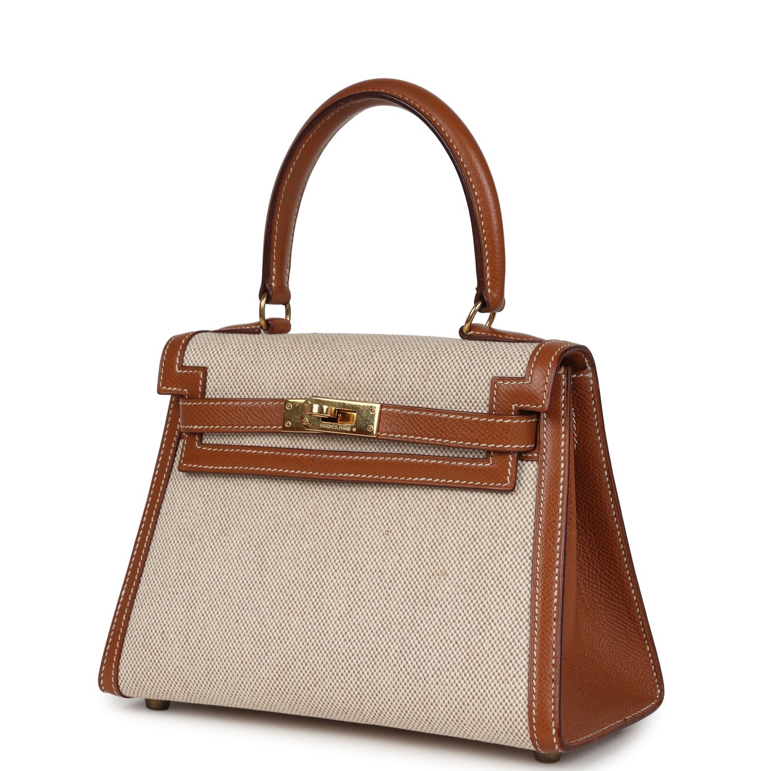 Vintage Hermes Kelly Sellier 20 Gold Courchevel and Ecru-Beige Toile H Canvas Gold Hardware