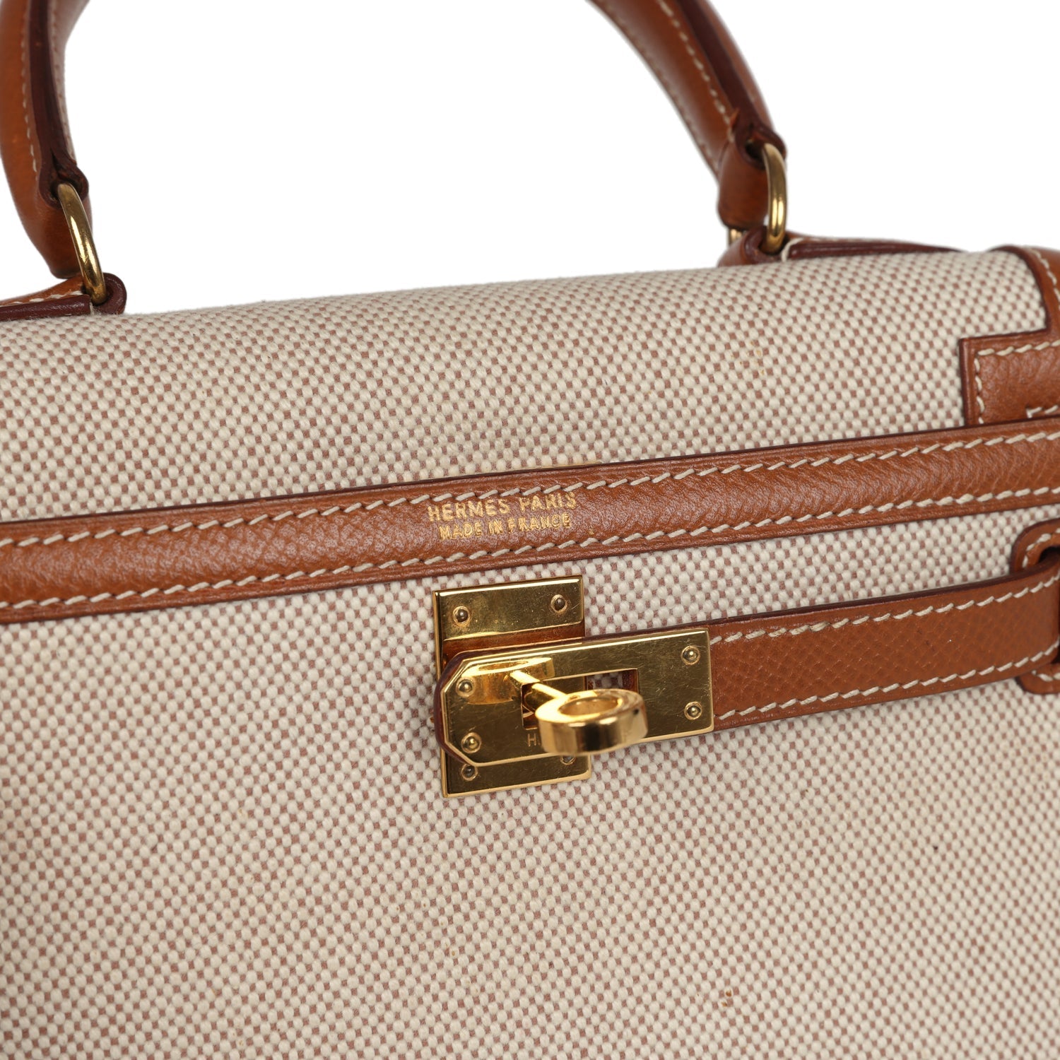 Vintage Hermes Kelly Sellier 20 Gold Courchevel and Ecru-Beige Toile H Canvas Gold Hardware