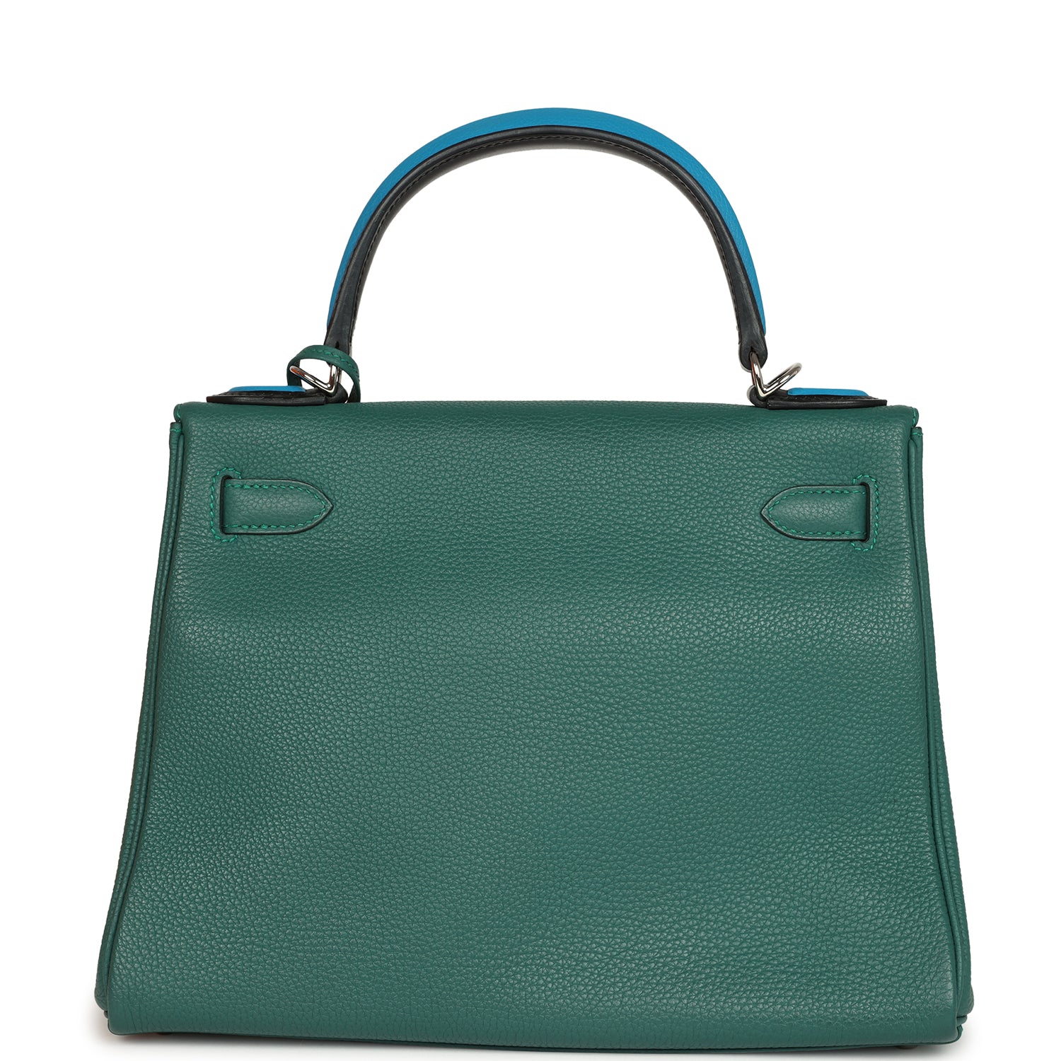 Pre-owned Hermes Au Pas Kelly Retourne 28 Malachite Togo, Black, Bleu Zanzibar Evercolor and Box Palladium Hardware