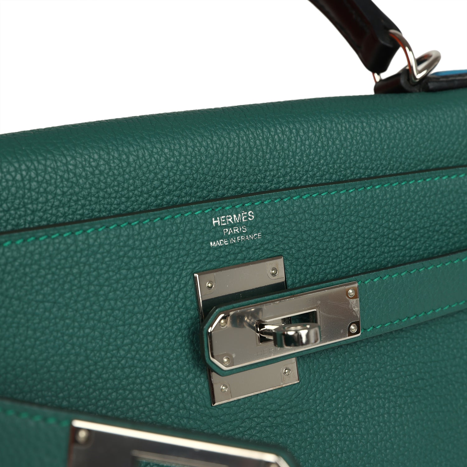Pre-owned Hermes Au Pas Kelly Retourne 28 Malachite Togo, Black, Bleu Zanzibar Evercolor and Box Palladium Hardware