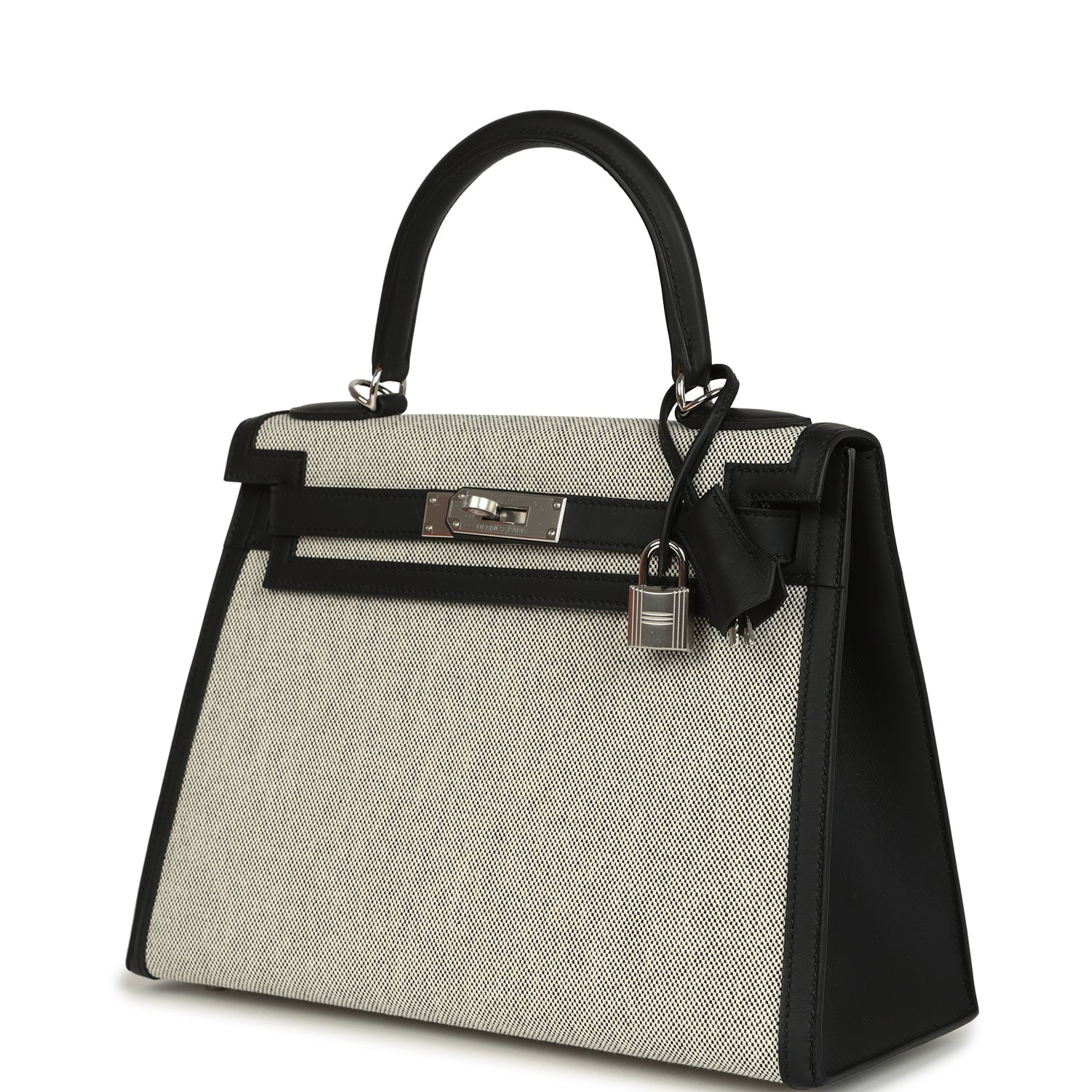 Hermes Kelly Sellier 28 Black Swift and Ecru-Black Toile H Canvas Palladium Hardware
