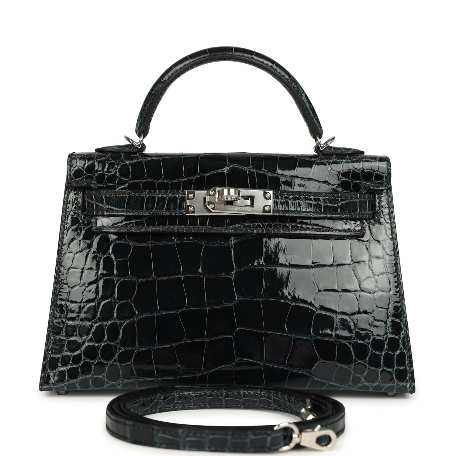 Pre-owned Hermes Special Order (HSS) Kelly Sellier 20 Vert Rousseau Verso Shiny Alligator Mississippiensis Palladium Hardware