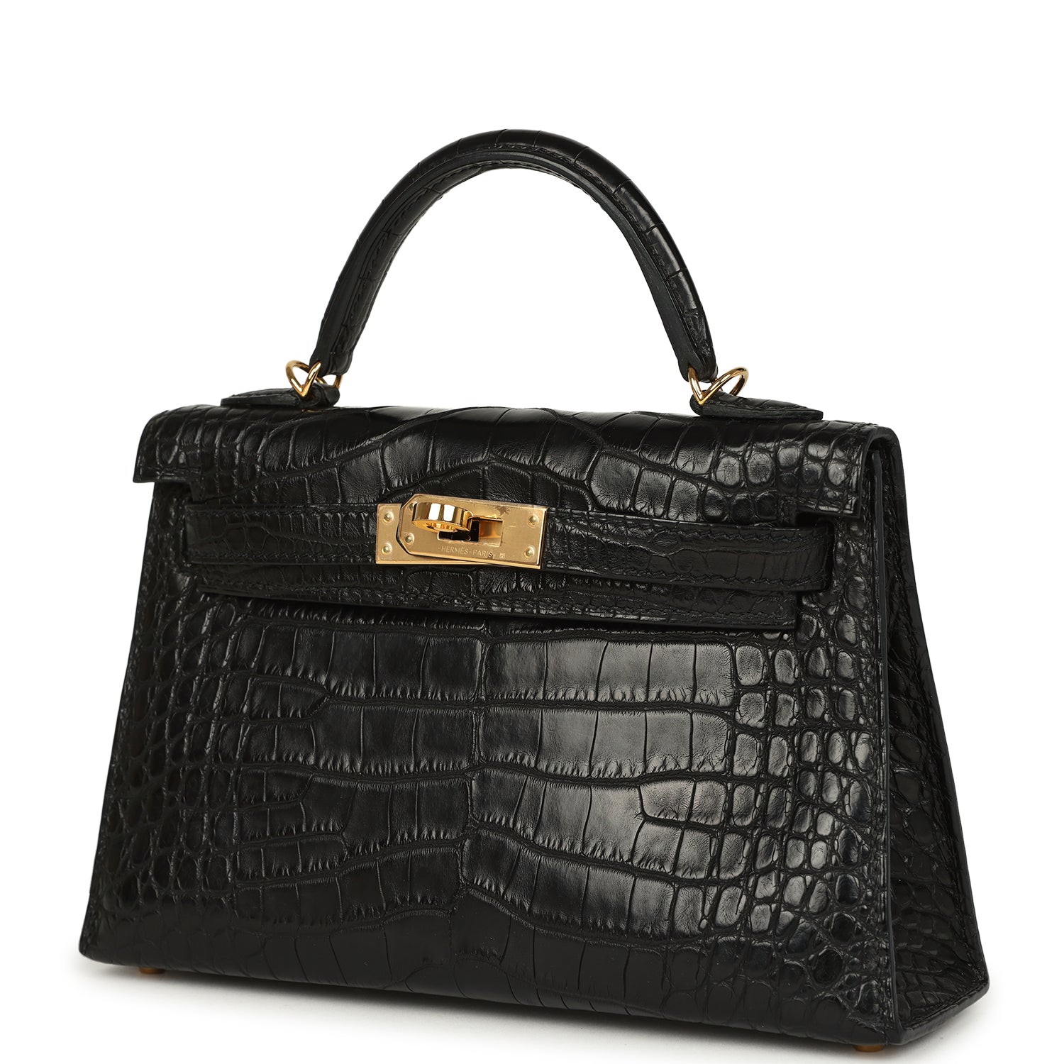 Pre-owned Hermes Kelly Sellier 20 Black Matte Alligator Gold Hardware