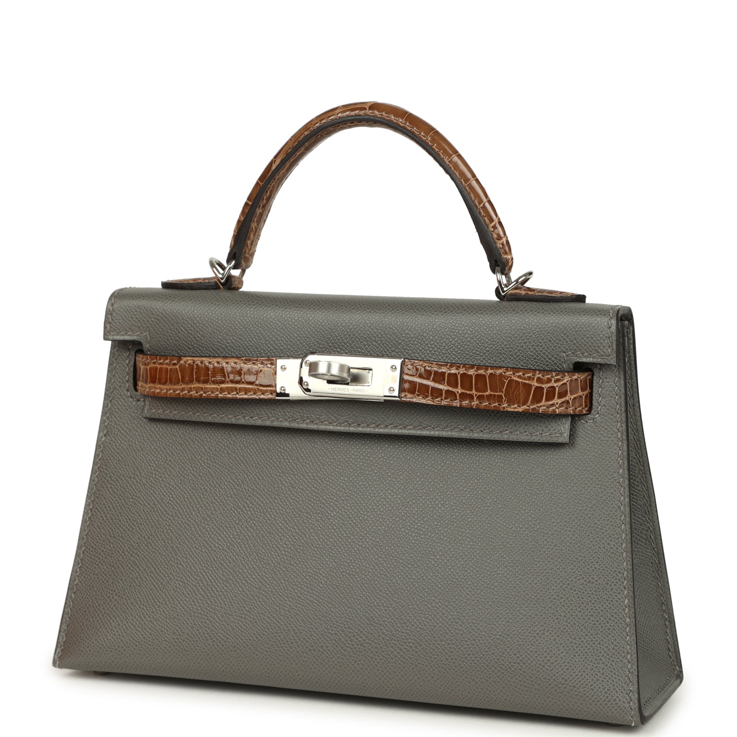 Hermes Kelly Sellier 20 Gris Meyer Madame and Ficelle Shiny Alligator Touch Palladium Hardware