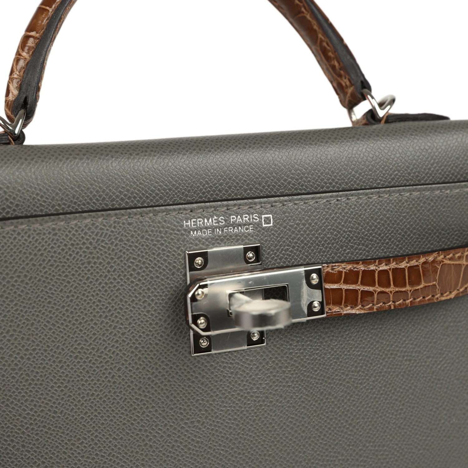 Hermes Kelly Sellier 20 Gris Meyer Madame and Ficelle Shiny Alligator Touch Palladium Hardware