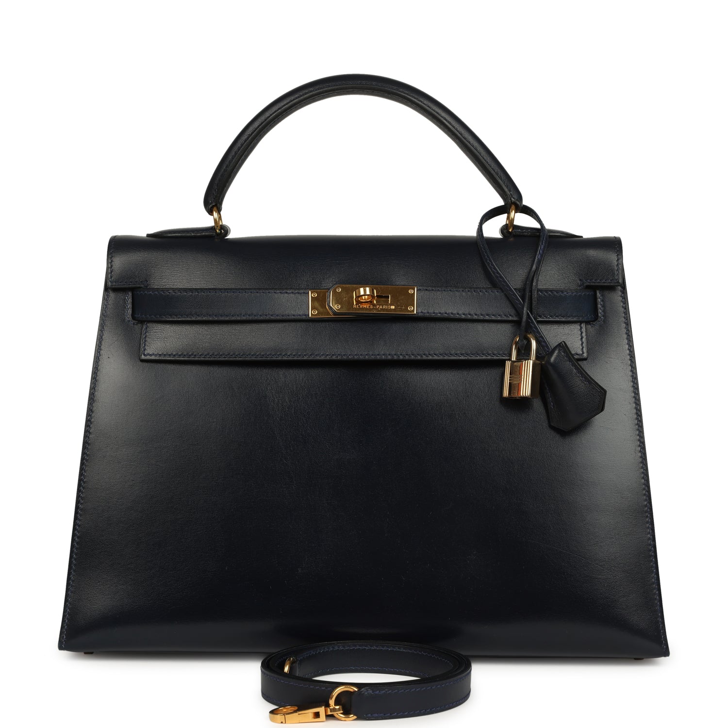 Vintage Hermes Kelly Sellier 32 Bleu Marine Box Gold Hardware