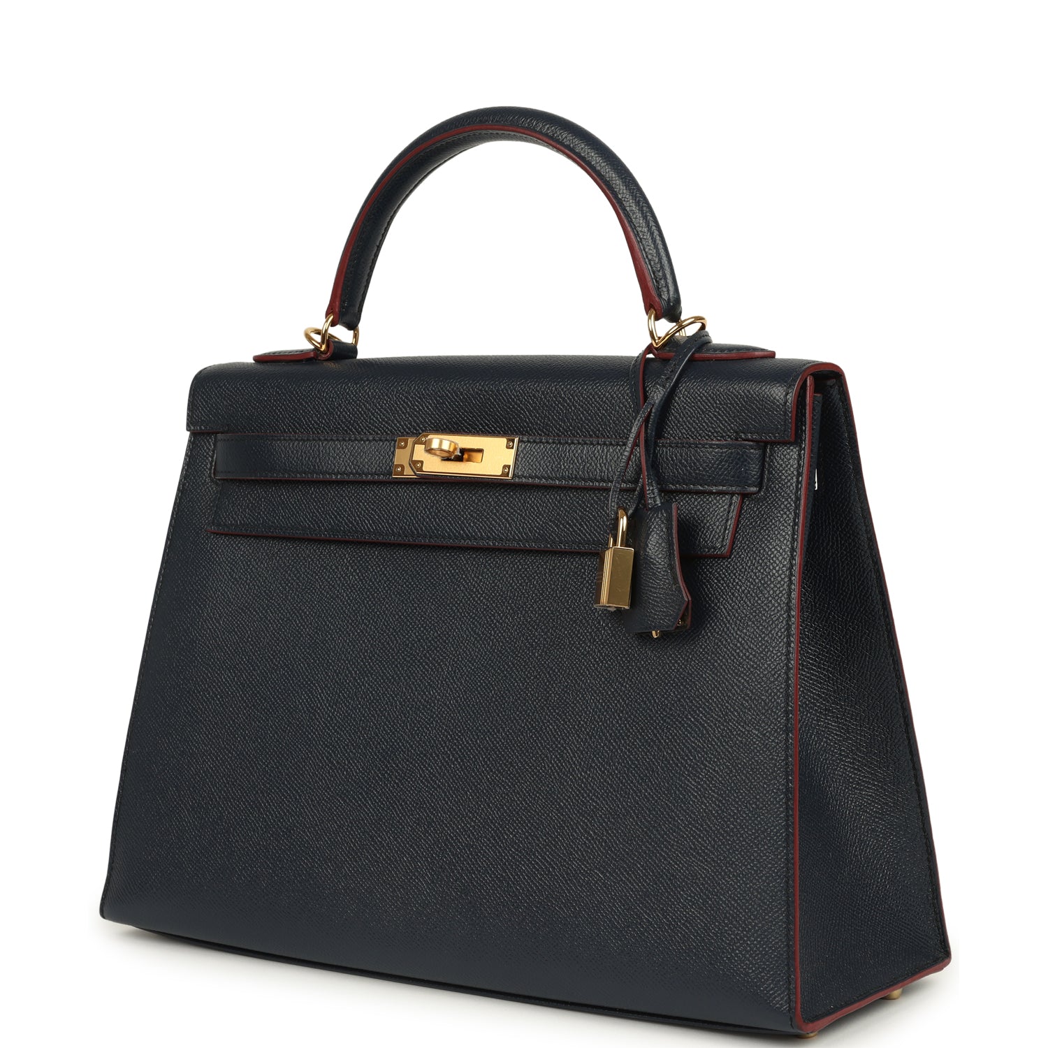 Pre-owned Hermes Kelly Sellier 32 Bleu Indigo and Rouge H Contour Epsom Gold Hardware