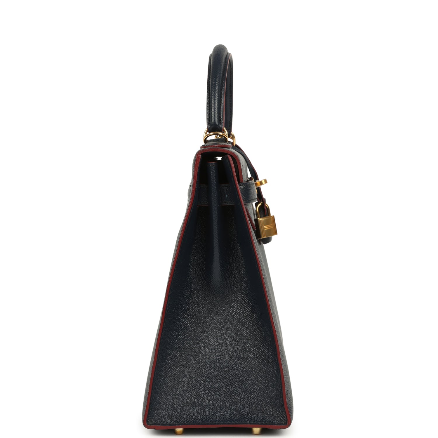 Pre-owned Hermes Kelly Sellier 32 Bleu Indigo and Rouge H Contour Epsom Gold Hardware