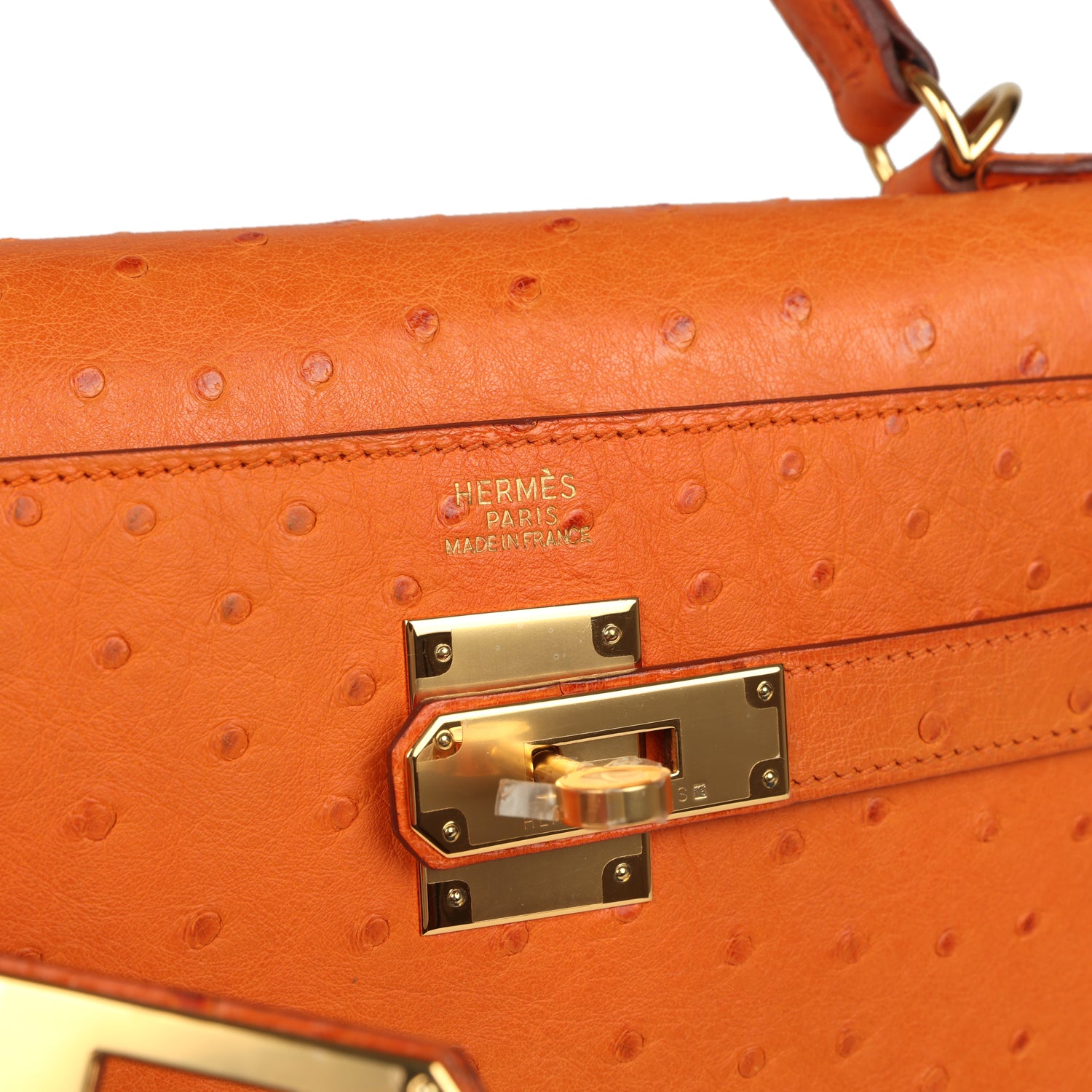 Vintage Hermes Kelly Sellier 32 Orange Ostrich Gold Hardware