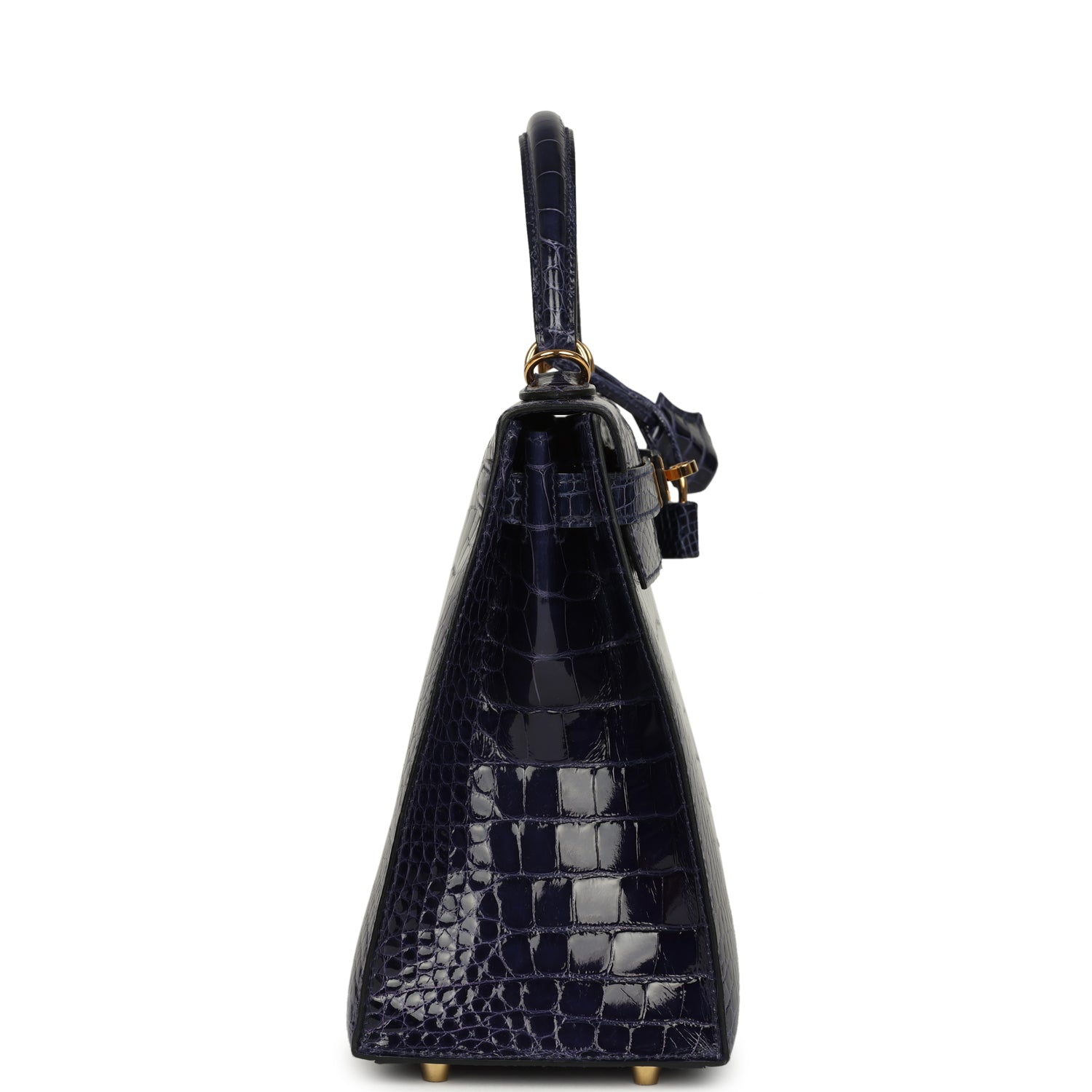 Pre-owned Hermes Kelly Sellier 28 Bleu Encre Shiny Alligator Gold Hardware