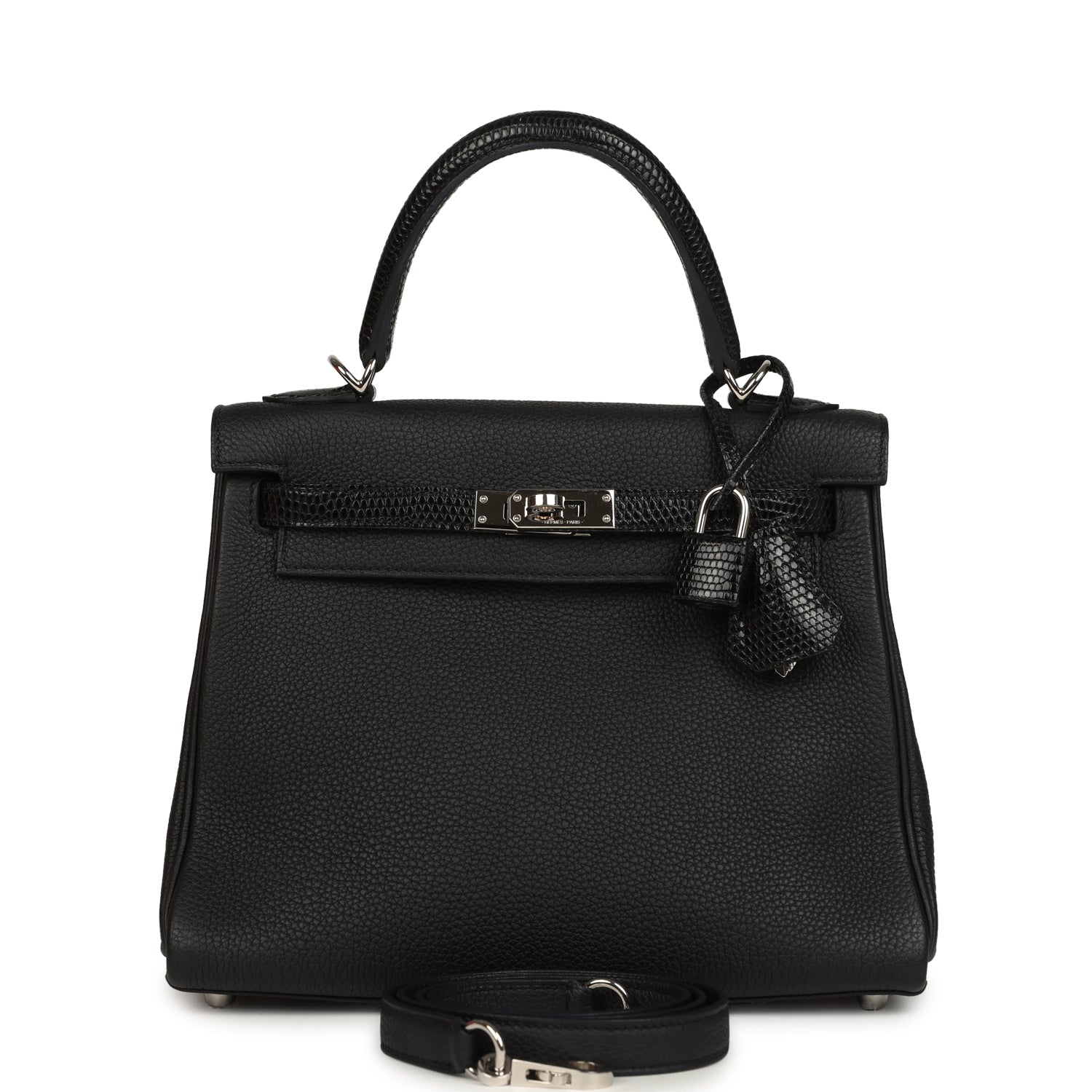 Pre-owned Hermes Kelly Retourne 25 Black Togo and Varanus Lizard Touch Palladium Hardware