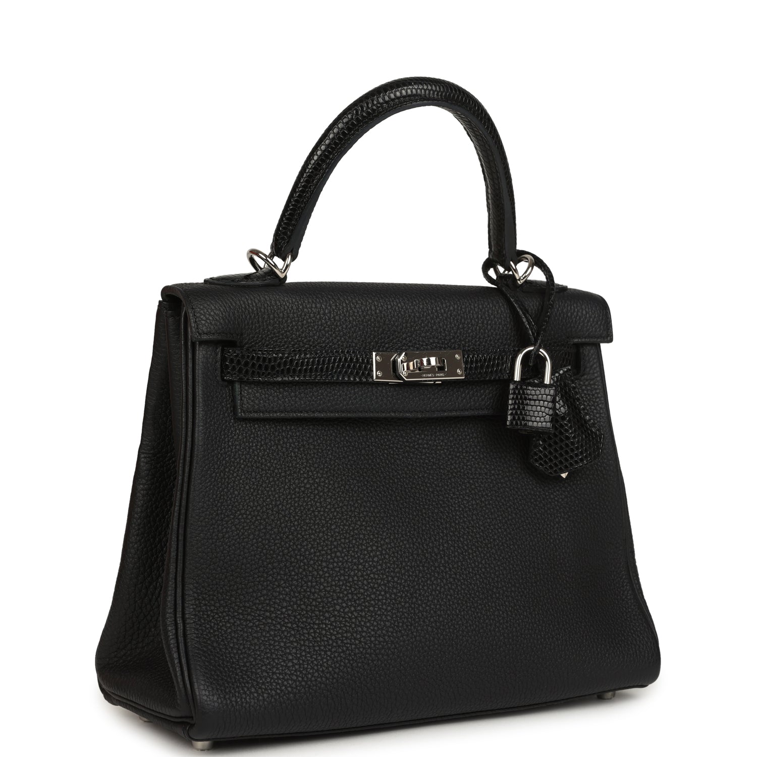 Pre-owned Hermes Kelly Retourne 25 Black Togo and Varanus Lizard Touch Palladium Hardware