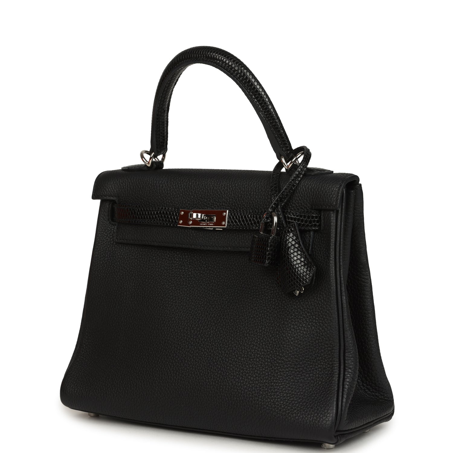 Pre-owned Hermes Kelly Retourne 25 Black Togo and Varanus Lizard Touch Palladium Hardware