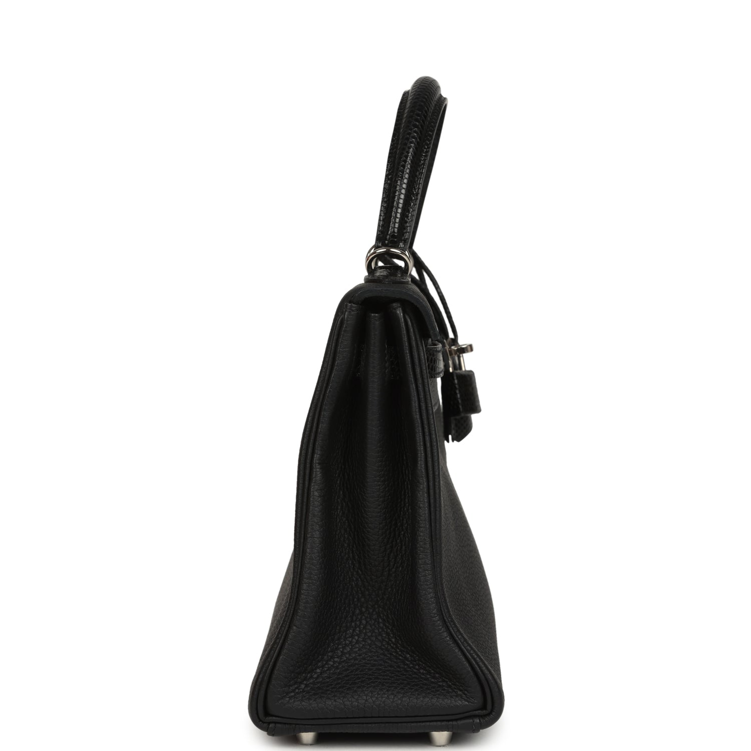 Pre-owned Hermes Kelly Retourne 25 Black Togo and Varanus Lizard Touch Palladium Hardware