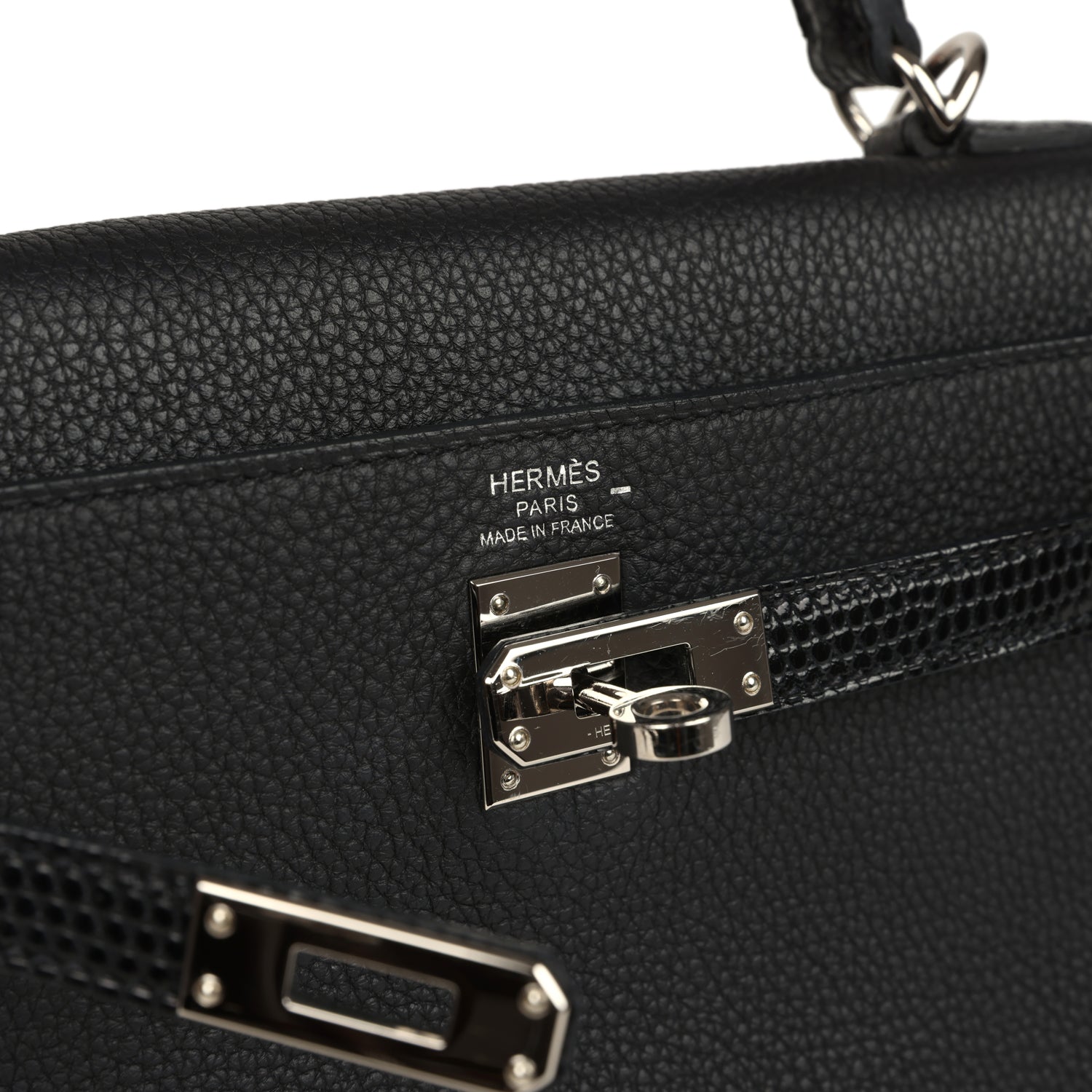 Pre-owned Hermes Kelly Retourne 25 Black Togo and Varanus Lizard Touch Palladium Hardware