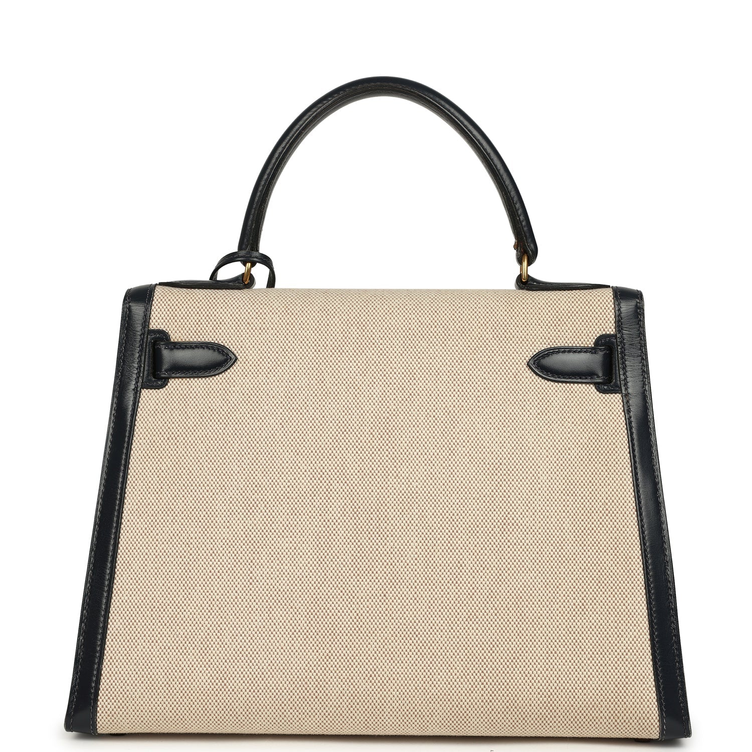 Vintage Hermes Kelly Sellier 28 Bleu Marine Box and Beige-Ecru Toile H Canvas Gold Hardware