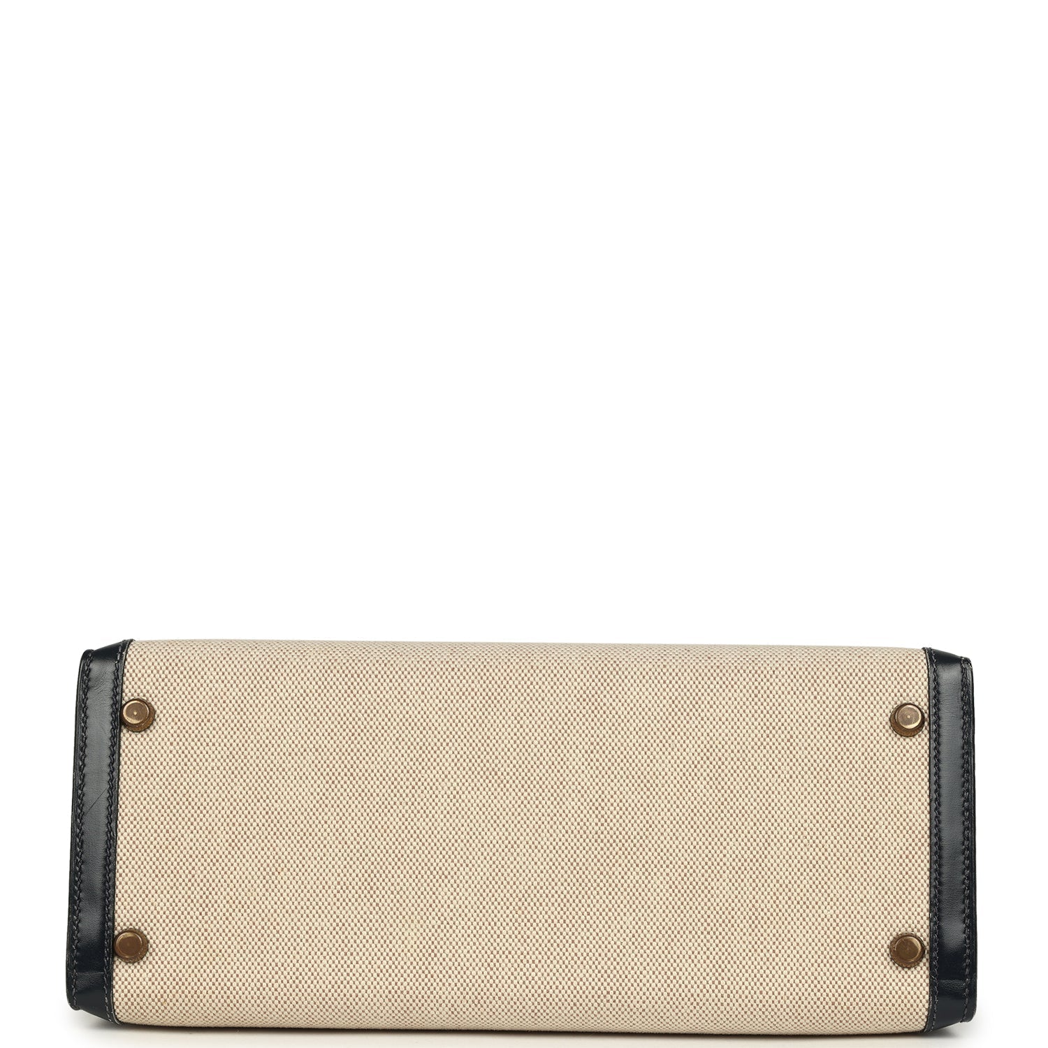 Vintage Hermes Kelly Sellier 28 Bleu Marine Box and Beige-Ecru Toile H Canvas Gold Hardware