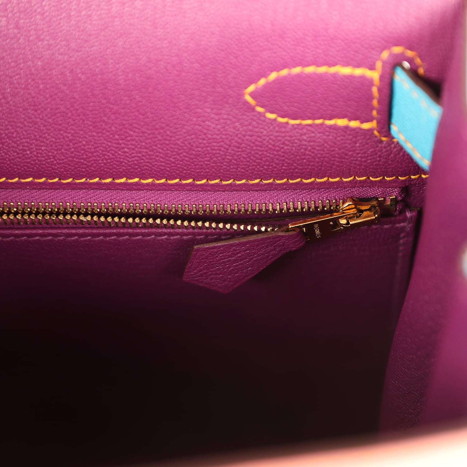 Pre-owned Hermes Special Order (HSS) Kelly Sellier 28 Rose Confetti, Anemone and Bleu Aztec Chevre Mysore Brushed Gold Hardware