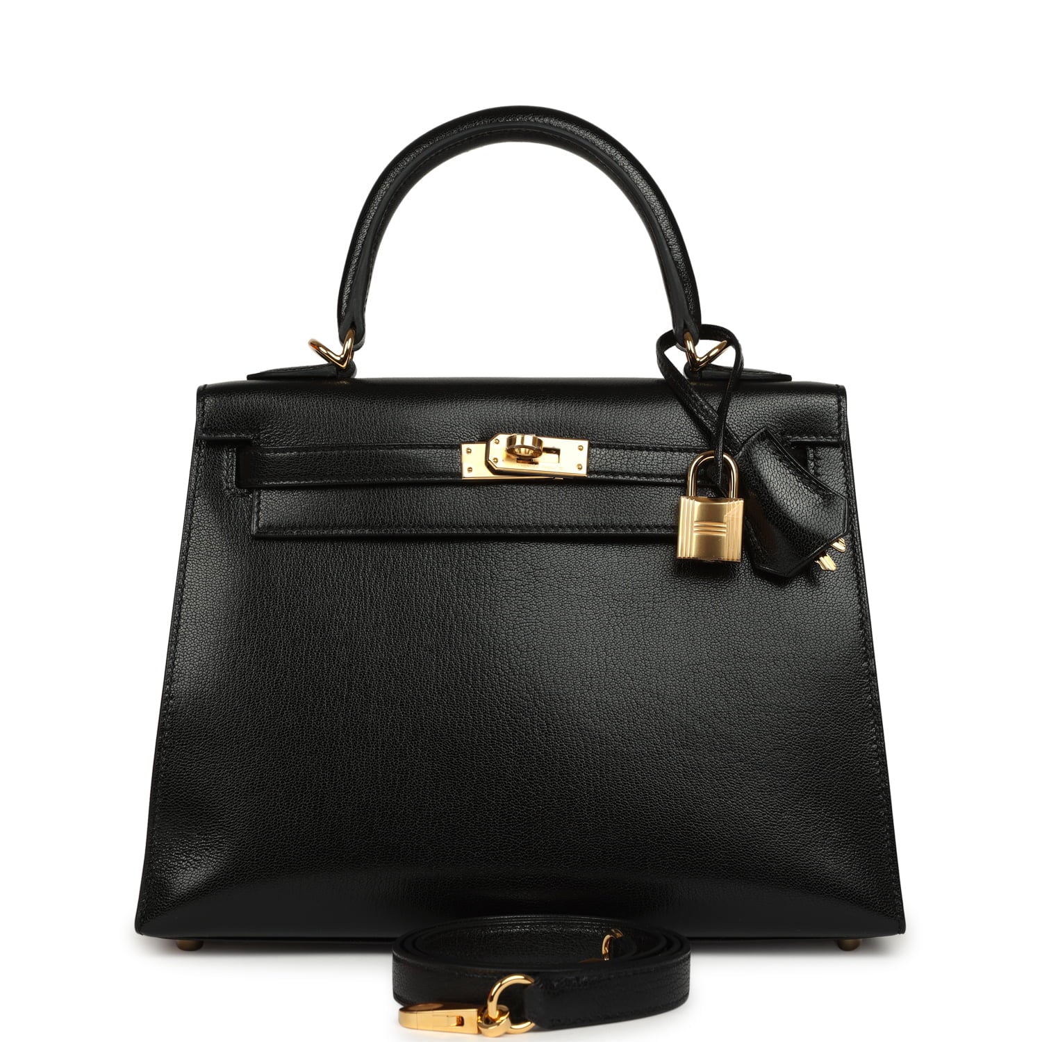 Hermes Kelly Sellier 25 Black Chevre Chamkila Gold Hardware