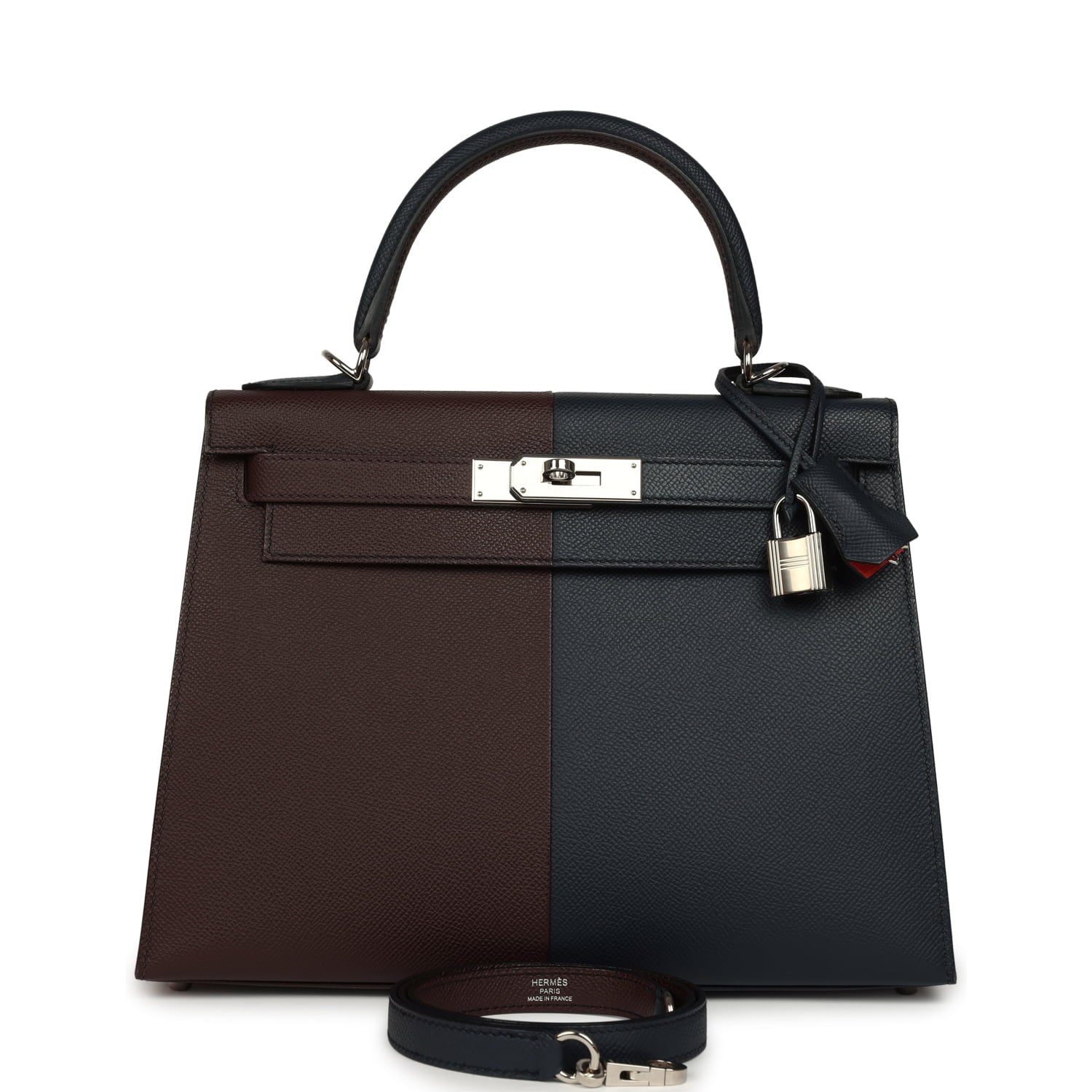 Pre-owned Hermes Kelly Sellier 28 Casaque Bleu Indigo and Rouge Sellier Epsom Palladium Hardware