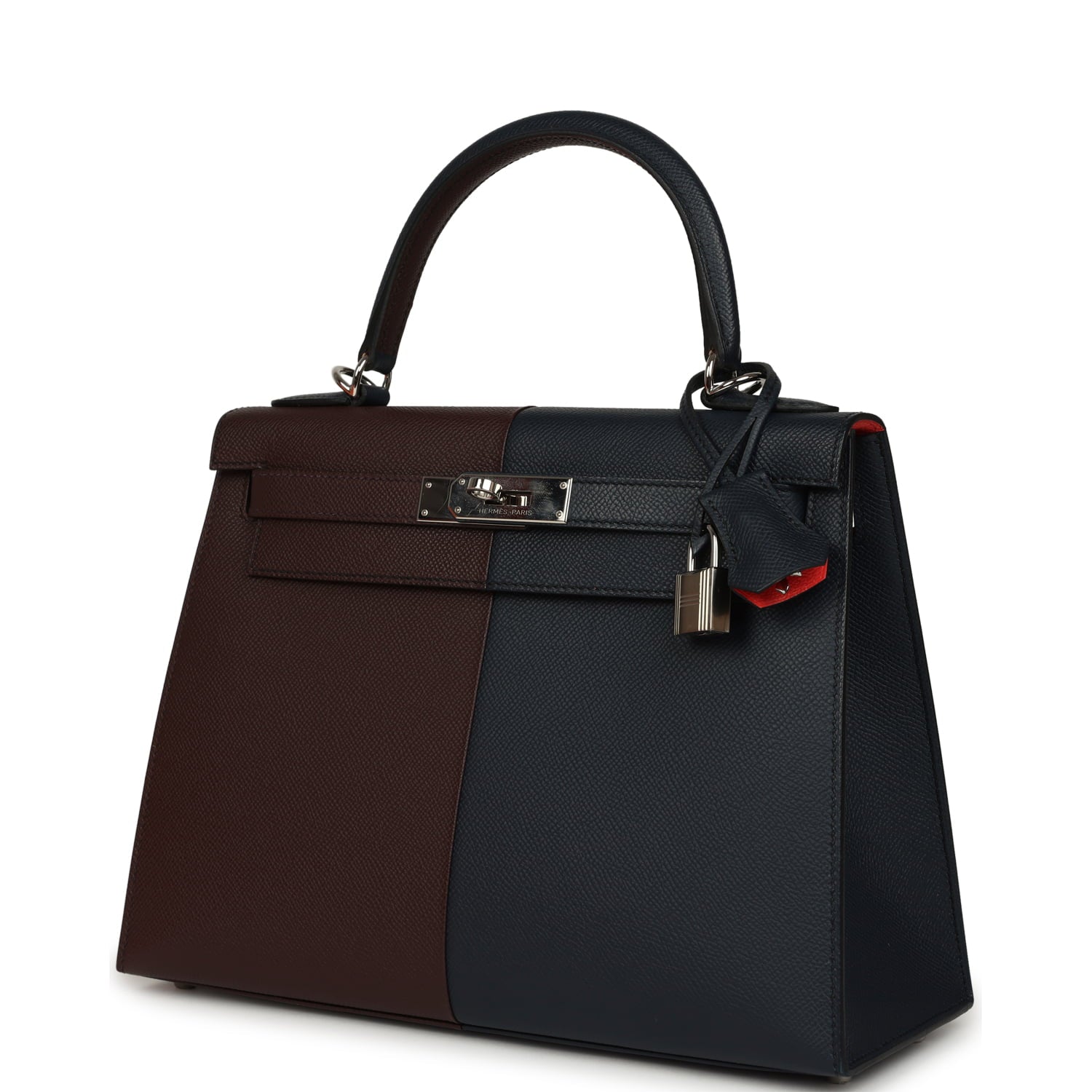 Pre-owned Hermes Kelly Sellier 28 Casaque Bleu Indigo and Rouge Sellier Epsom Palladium Hardware