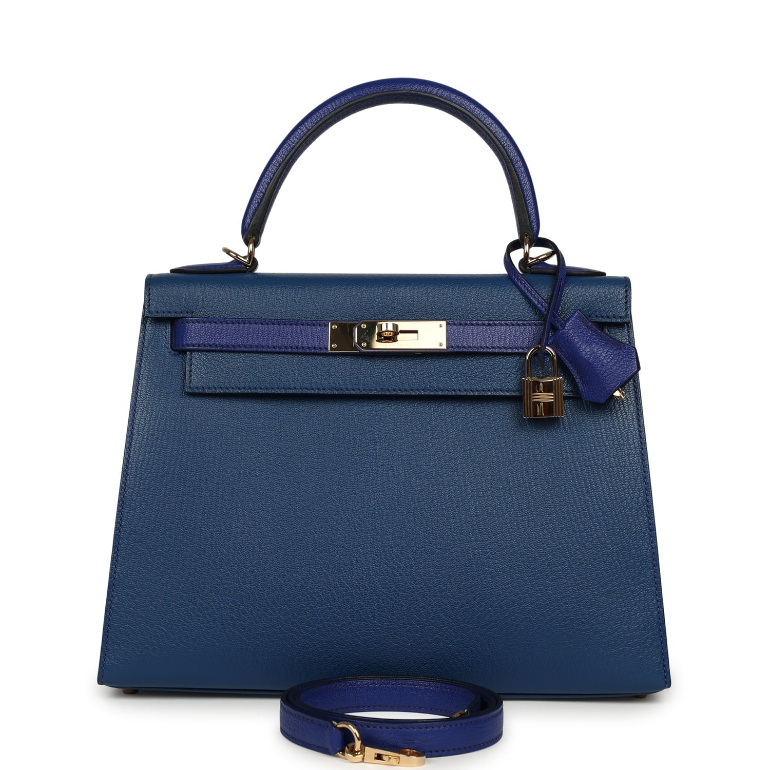Pre-owned Hermes Special Order (HSS) Kelly Sellier 28 Bleu Electric and Bleu Saphir Chevre Mysore Permabrass Hardware