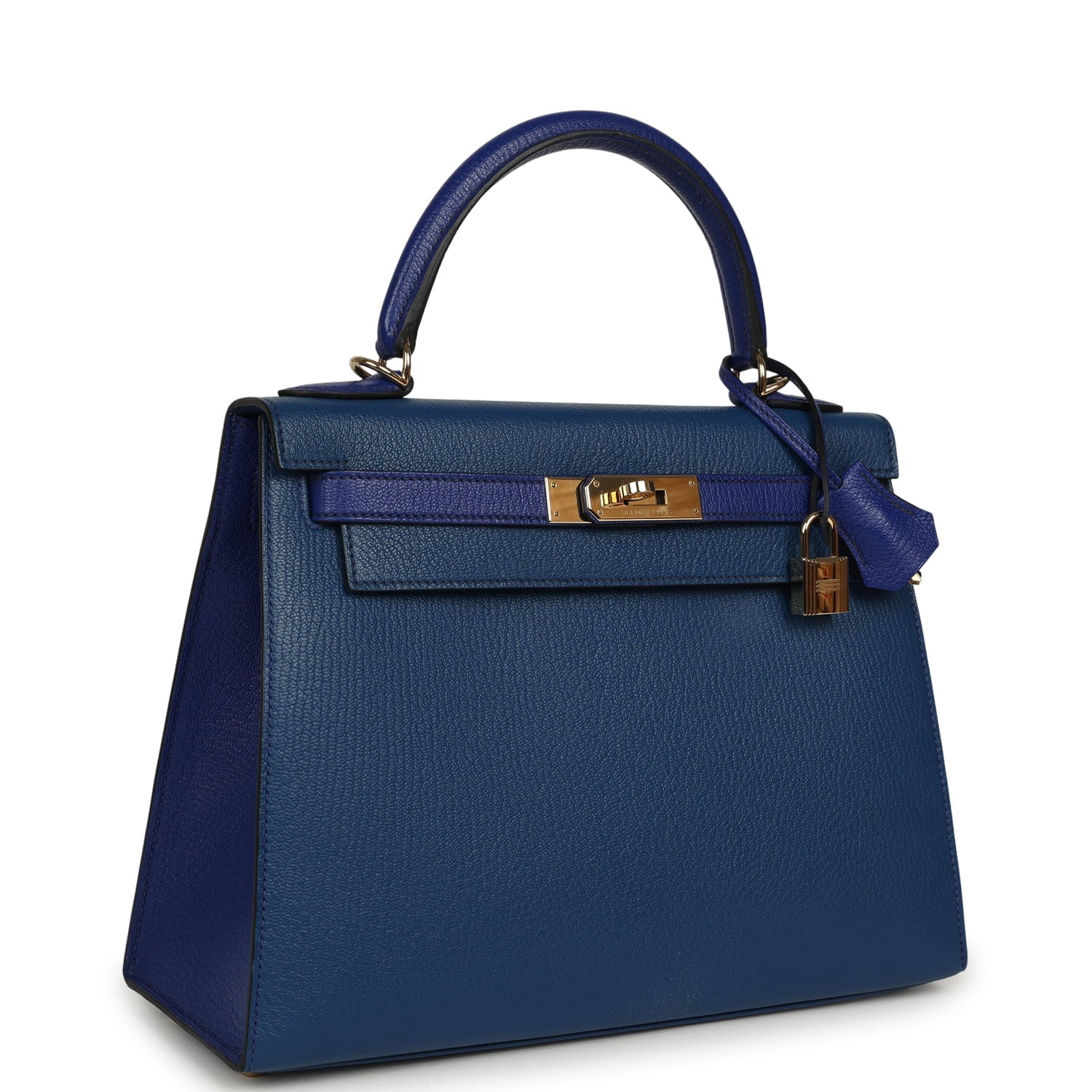 Pre-owned Hermes Special Order (HSS) Kelly Sellier 28 Bleu Electric and Bleu Saphir Chevre Mysore Permabrass Hardware