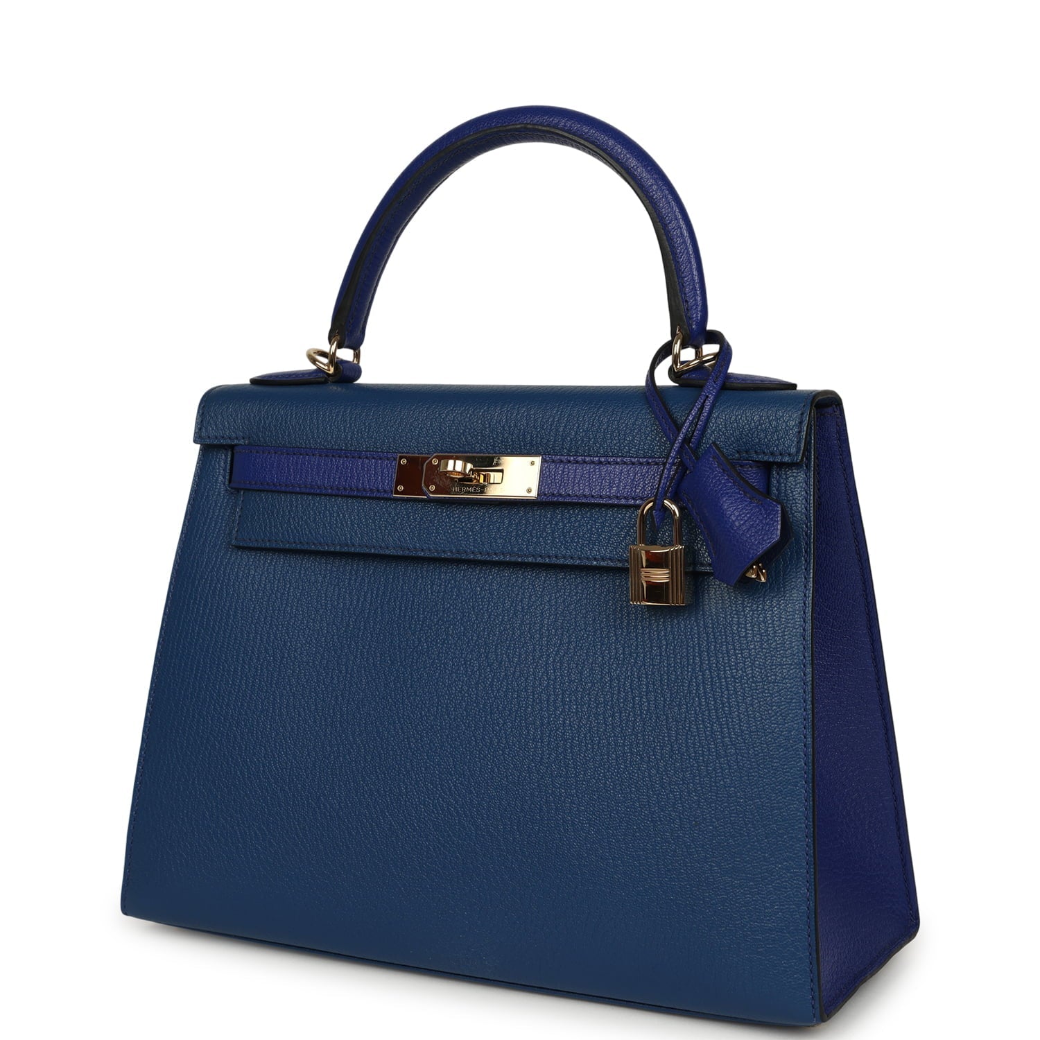 Pre-owned Hermes Special Order (HSS) Kelly Sellier 28 Bleu Electric and Bleu Saphir Chevre Mysore Permabrass Hardware