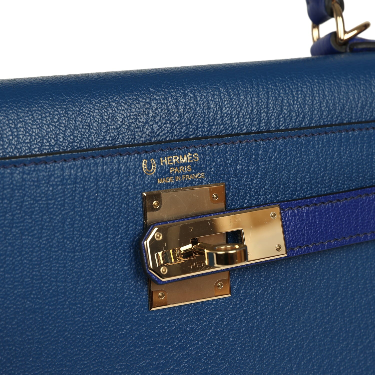 Pre-owned Hermes Special Order (HSS) Kelly Sellier 28 Bleu Electric and Bleu Saphir Chevre Mysore Permabrass Hardware