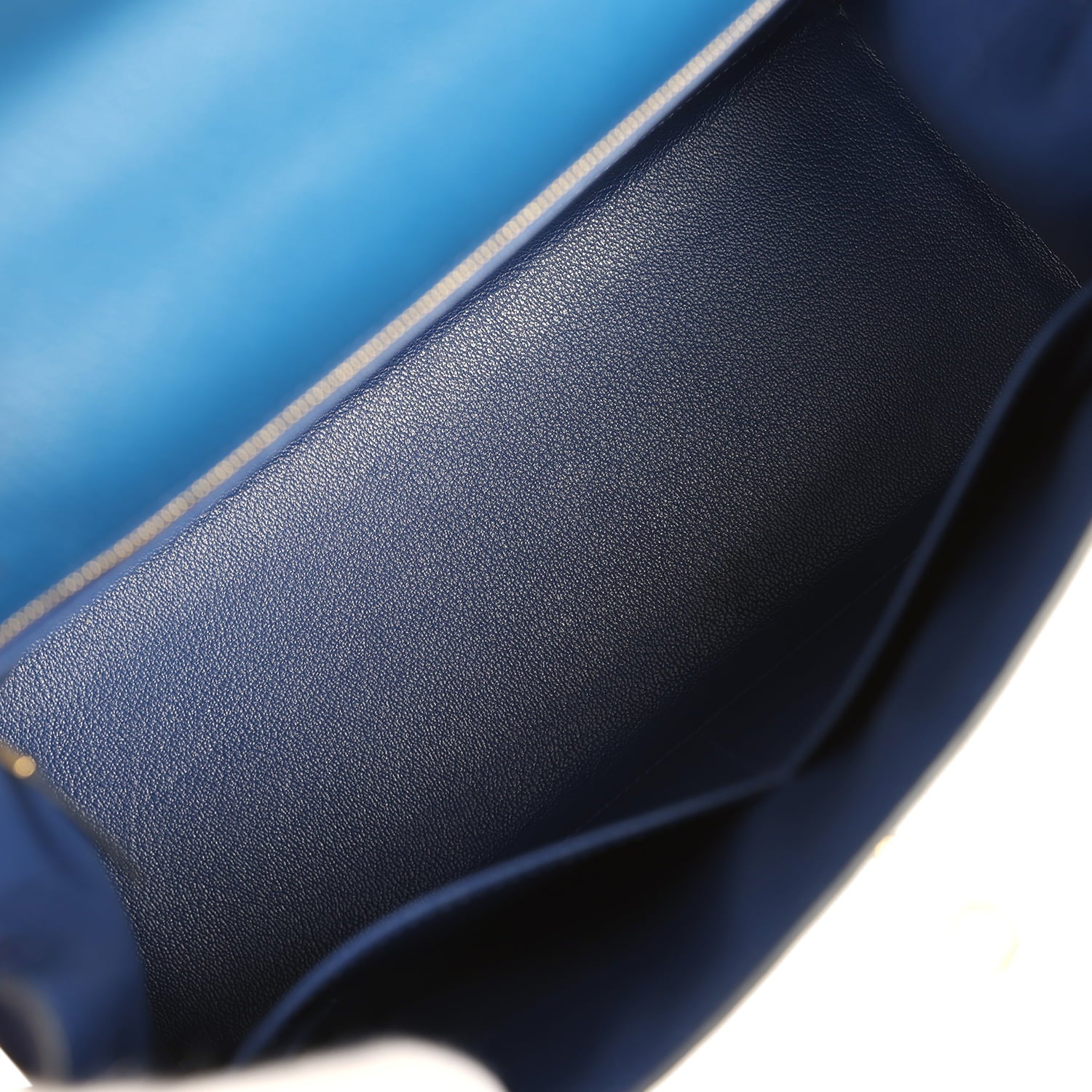 Pre-owned Hermes Special Order (HSS) Kelly Sellier 28 Bleu Electric and Bleu Saphir Chevre Mysore Permabrass Hardware